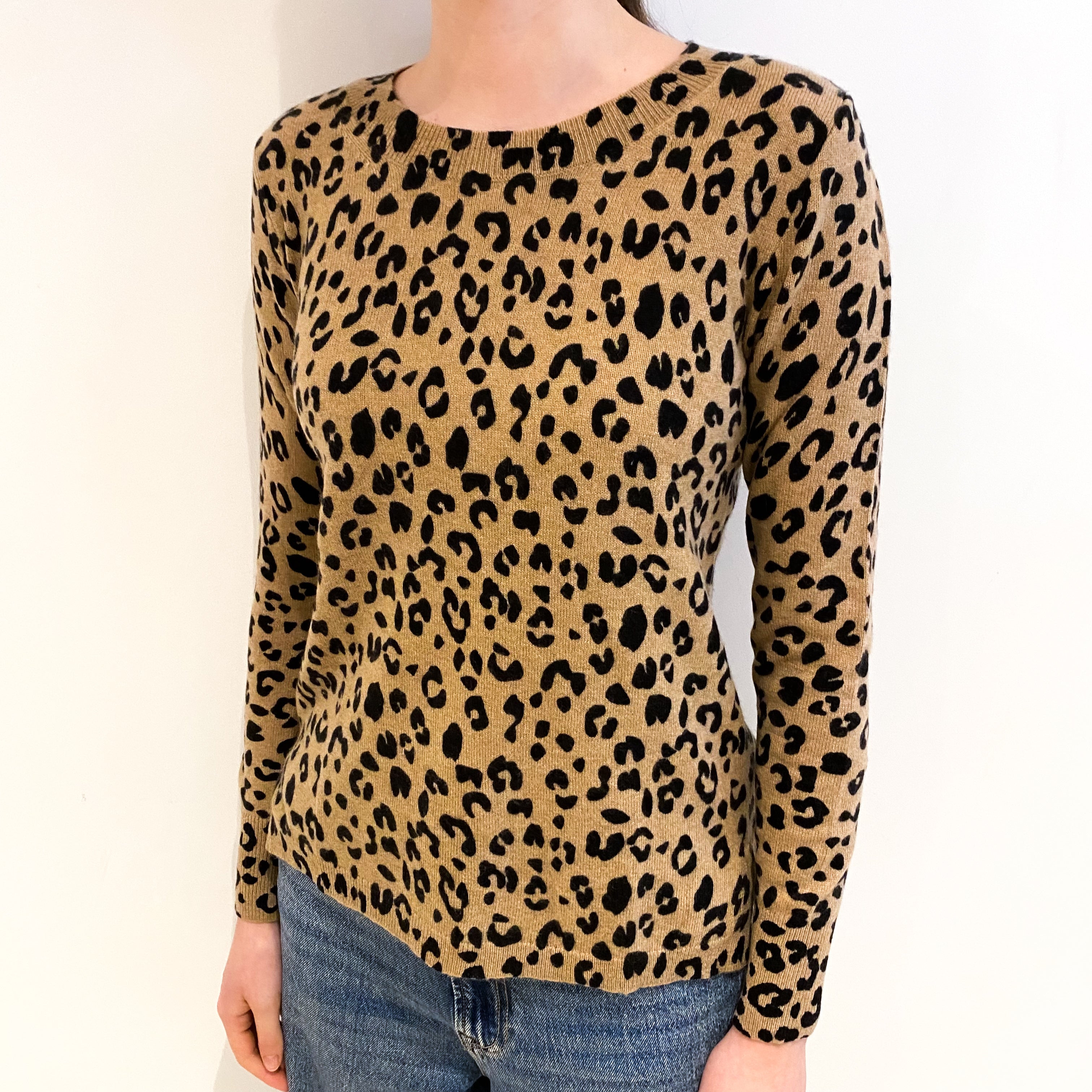 Camel Animal Print Cashmere Crew Neck Jumper Extra Small