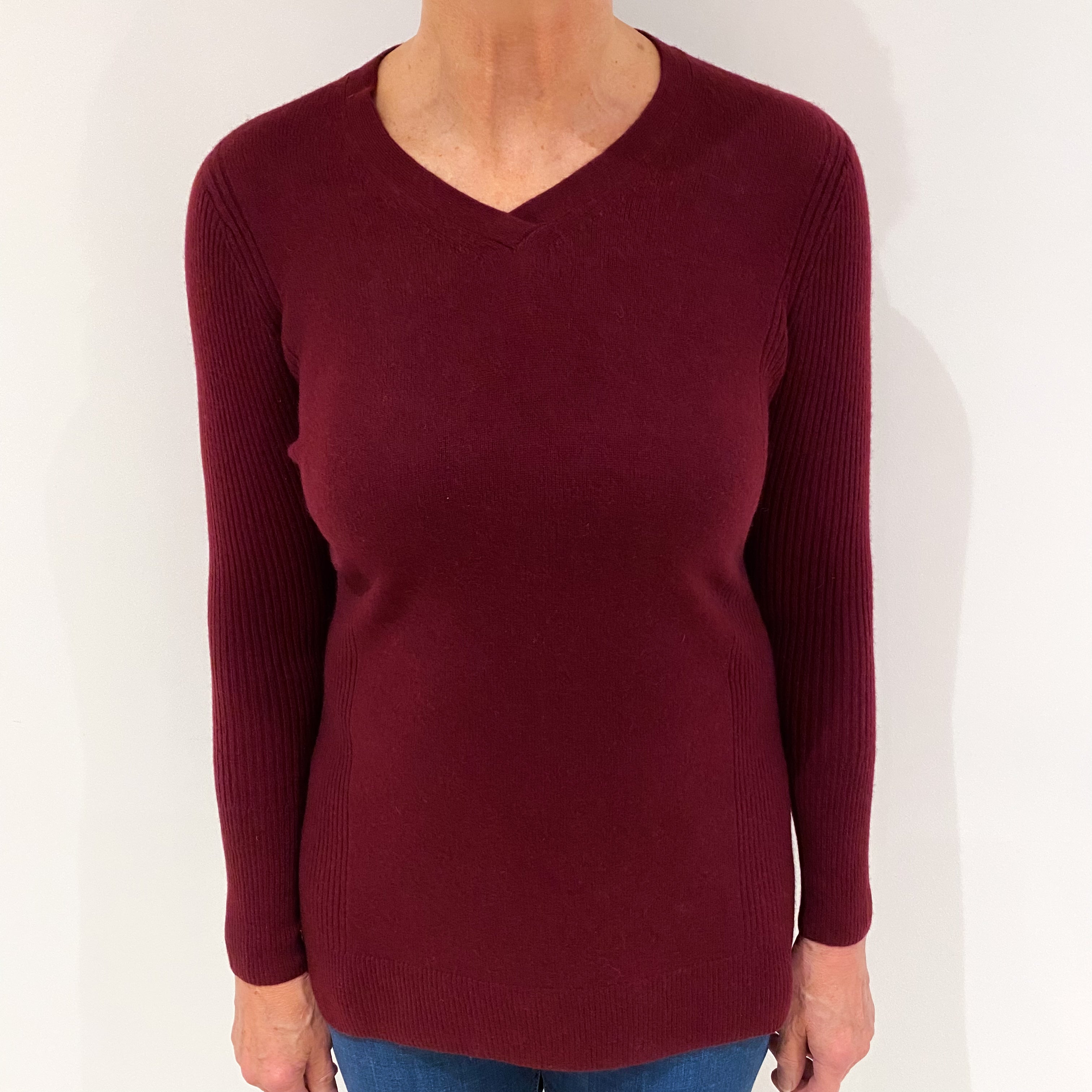 Wine Red Cashmere V Neck Jumper Medium