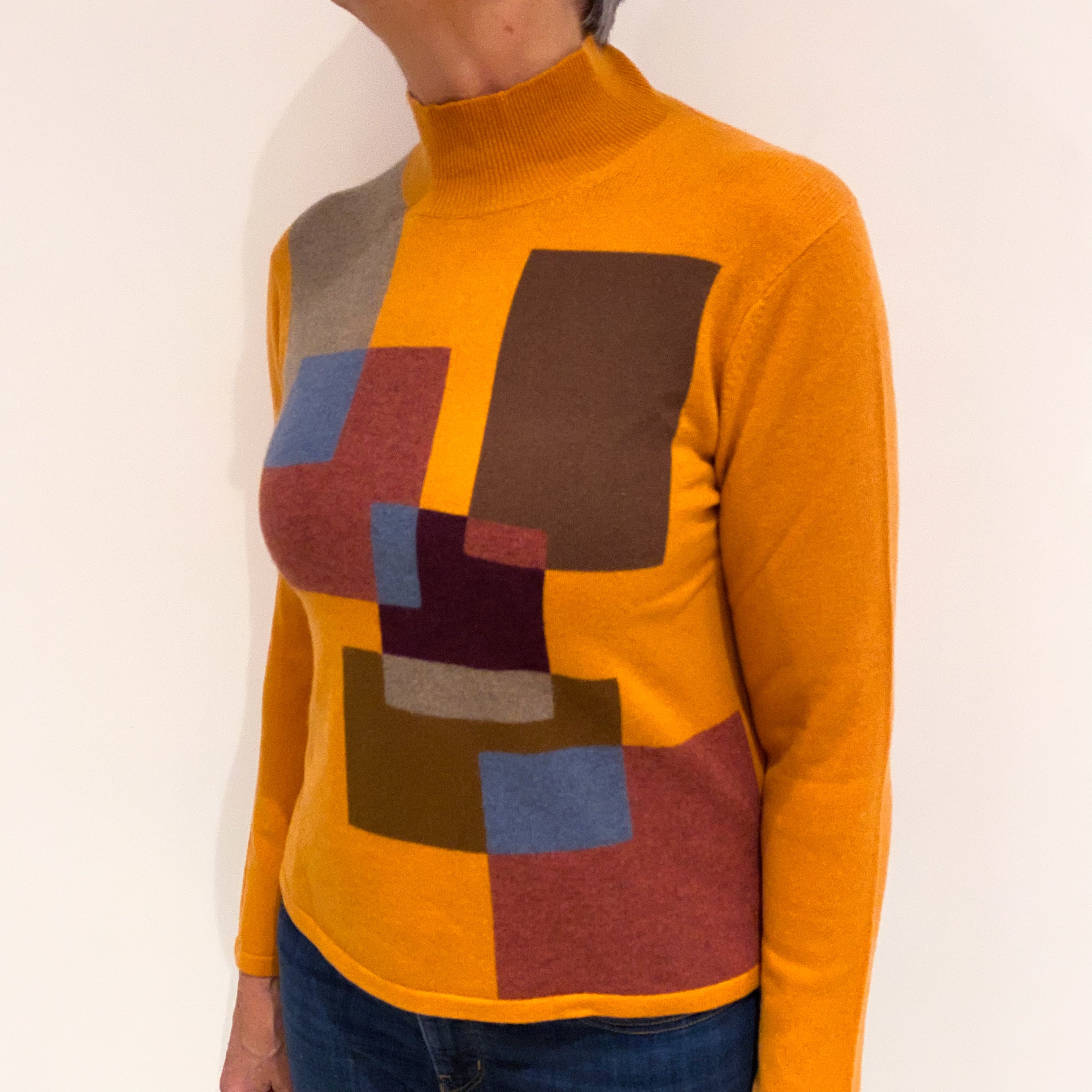 Orange Abstract Colour Block Cashmere Turtle Neck Jumper Medium