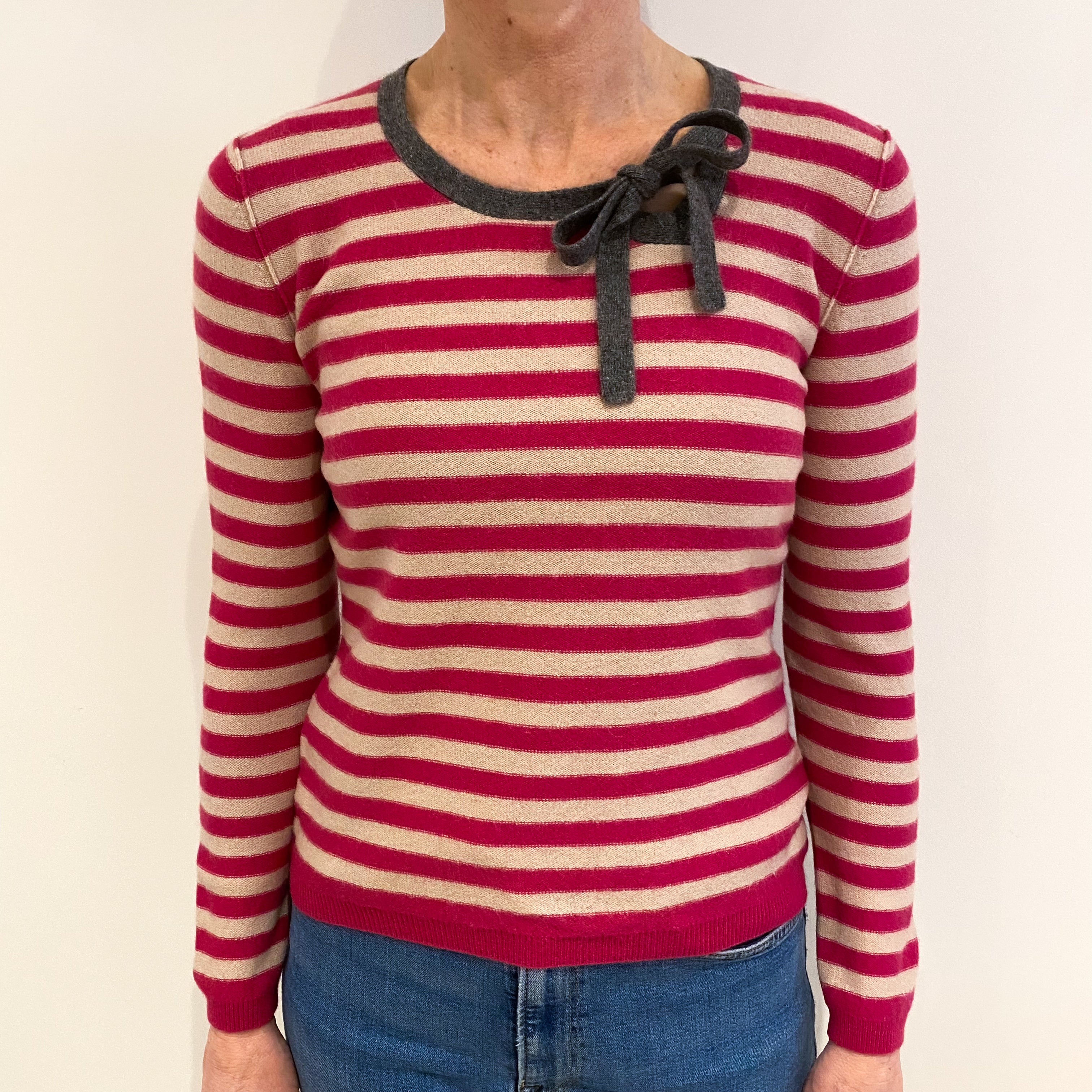 Fuchsia and Beige Stripe Cashmere Crew Neck Jumper Small