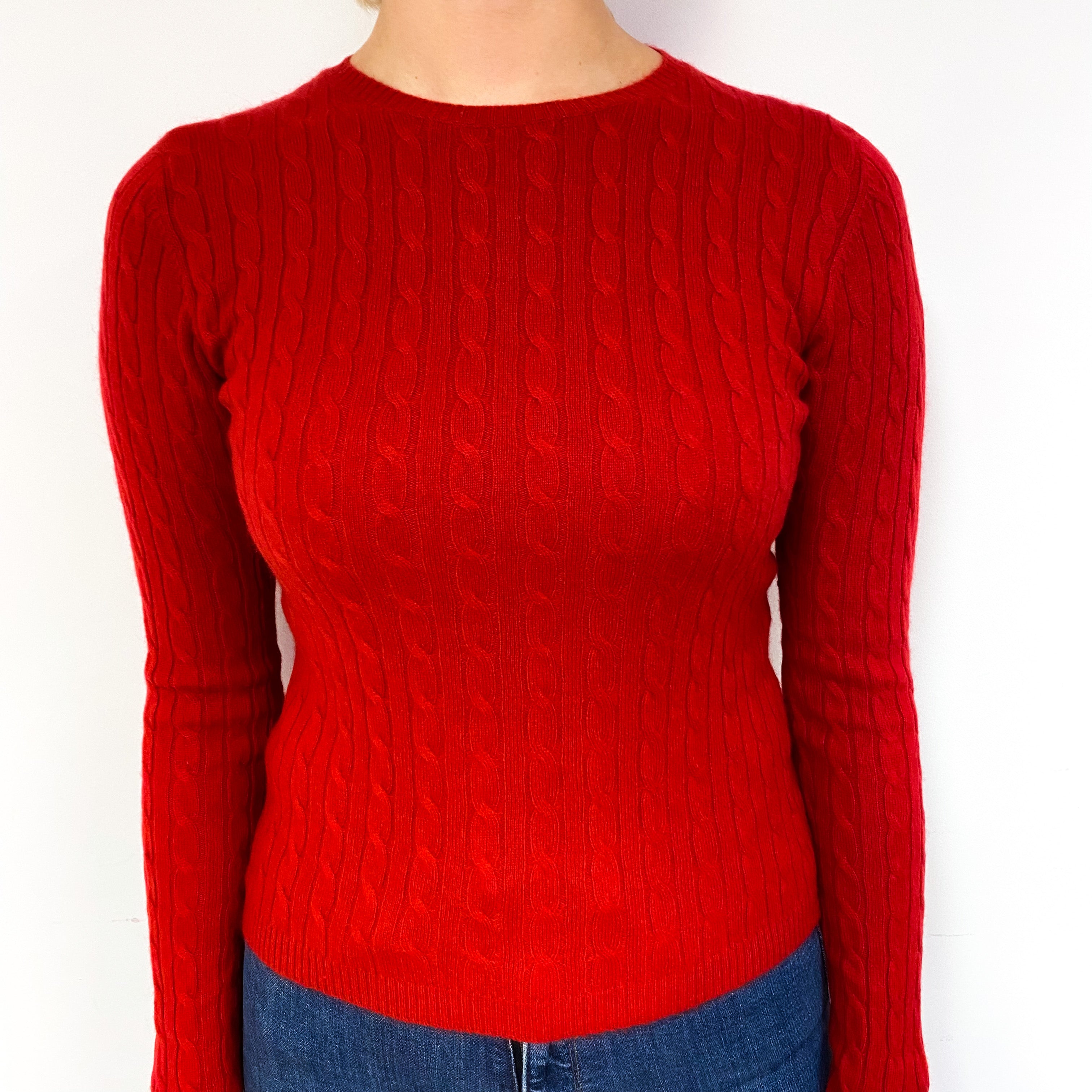 Scarlet Red Cable Cashmere Crew Neck Jumper Small/Petite