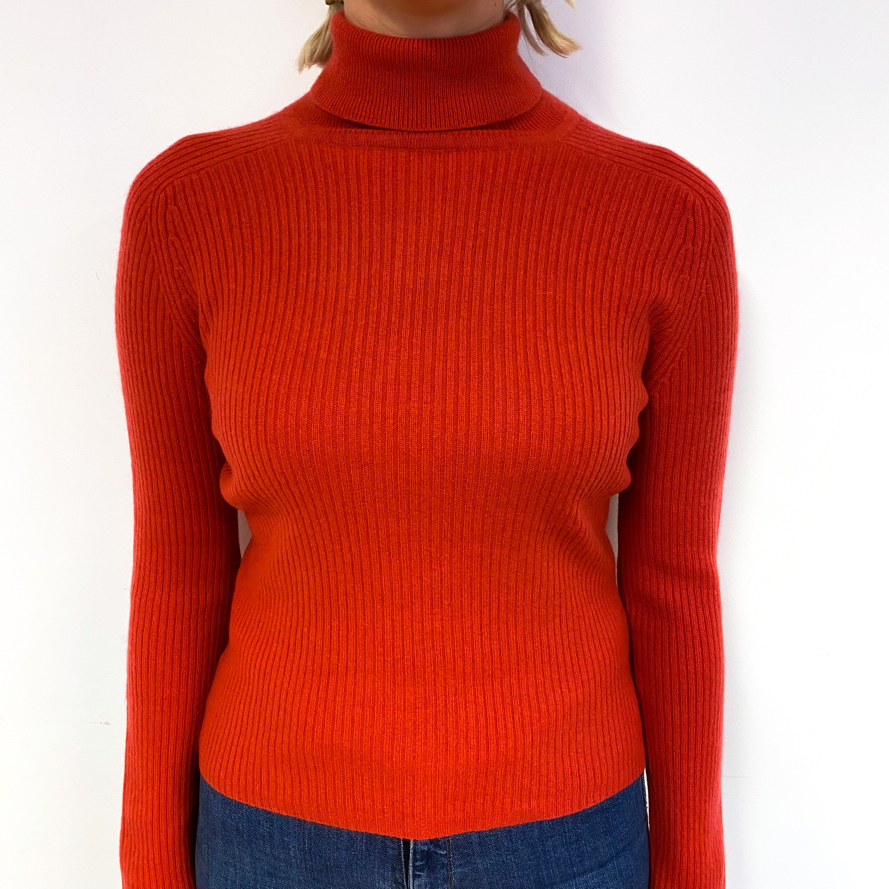 Vermillion Red Ribbed Cashmere Polo Neck Jumper Small