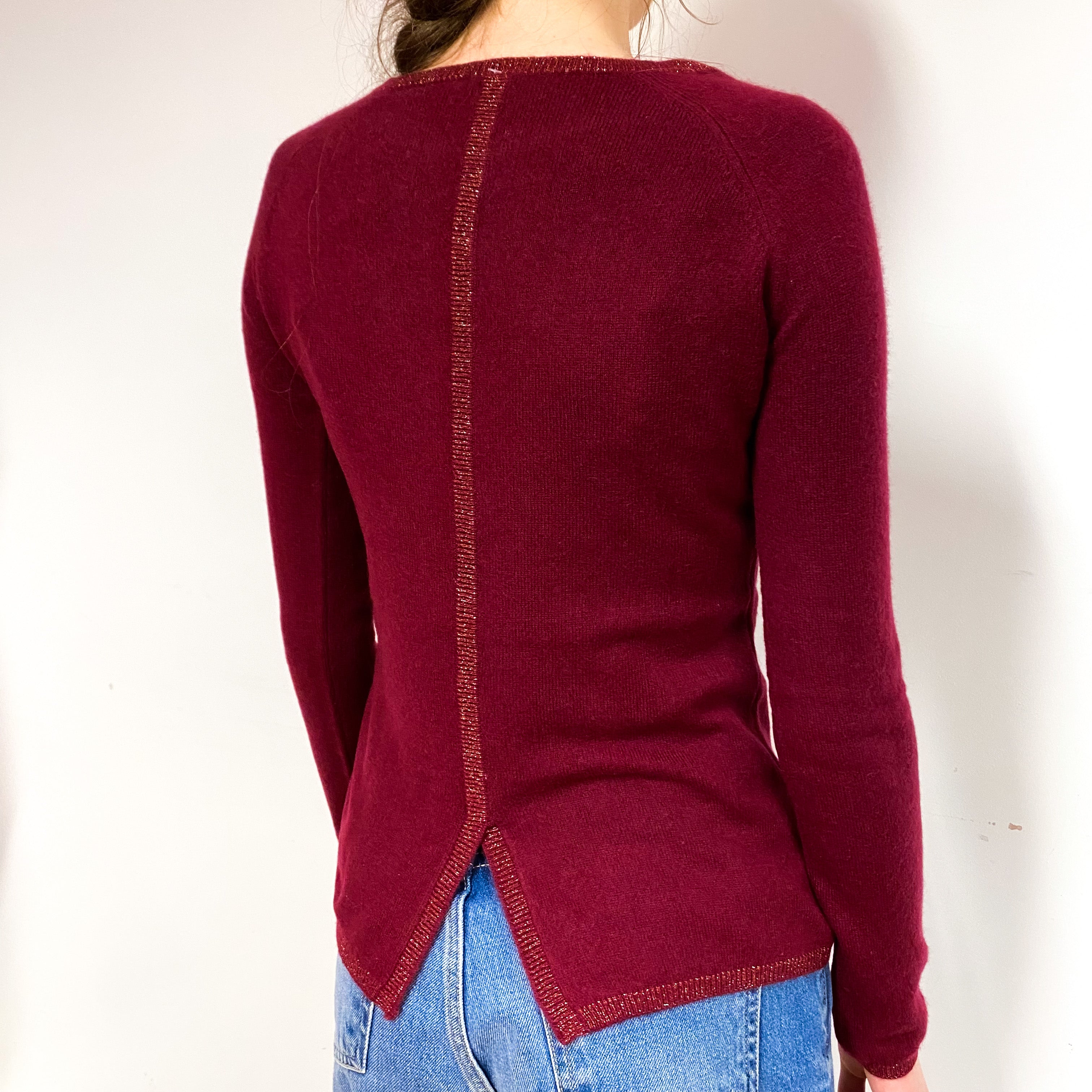 Wine Red Gold Trim Cashmere Crew Neck Jumper Extra Small