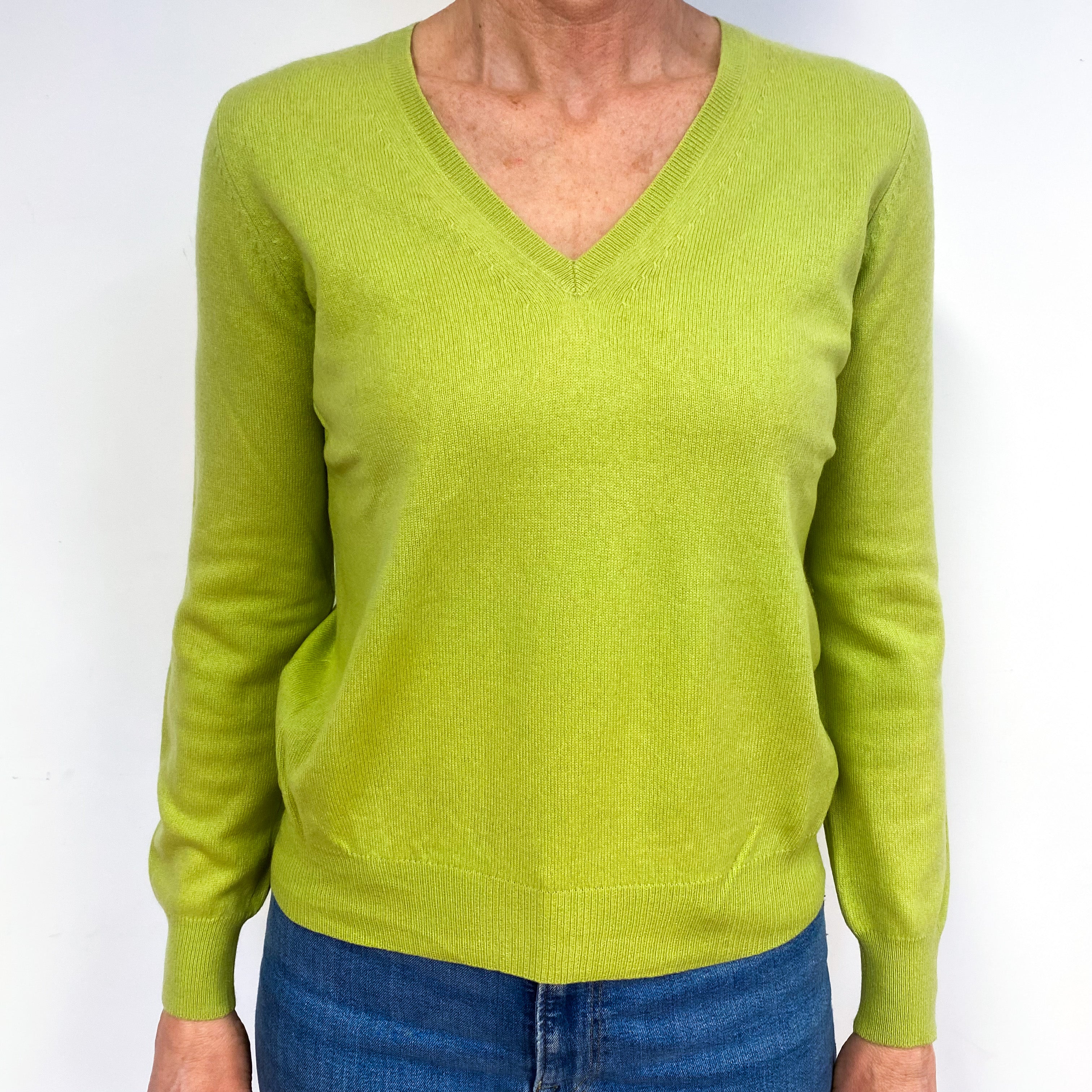 Pale Pear Green Cashmere V-Neck Jumper Medium