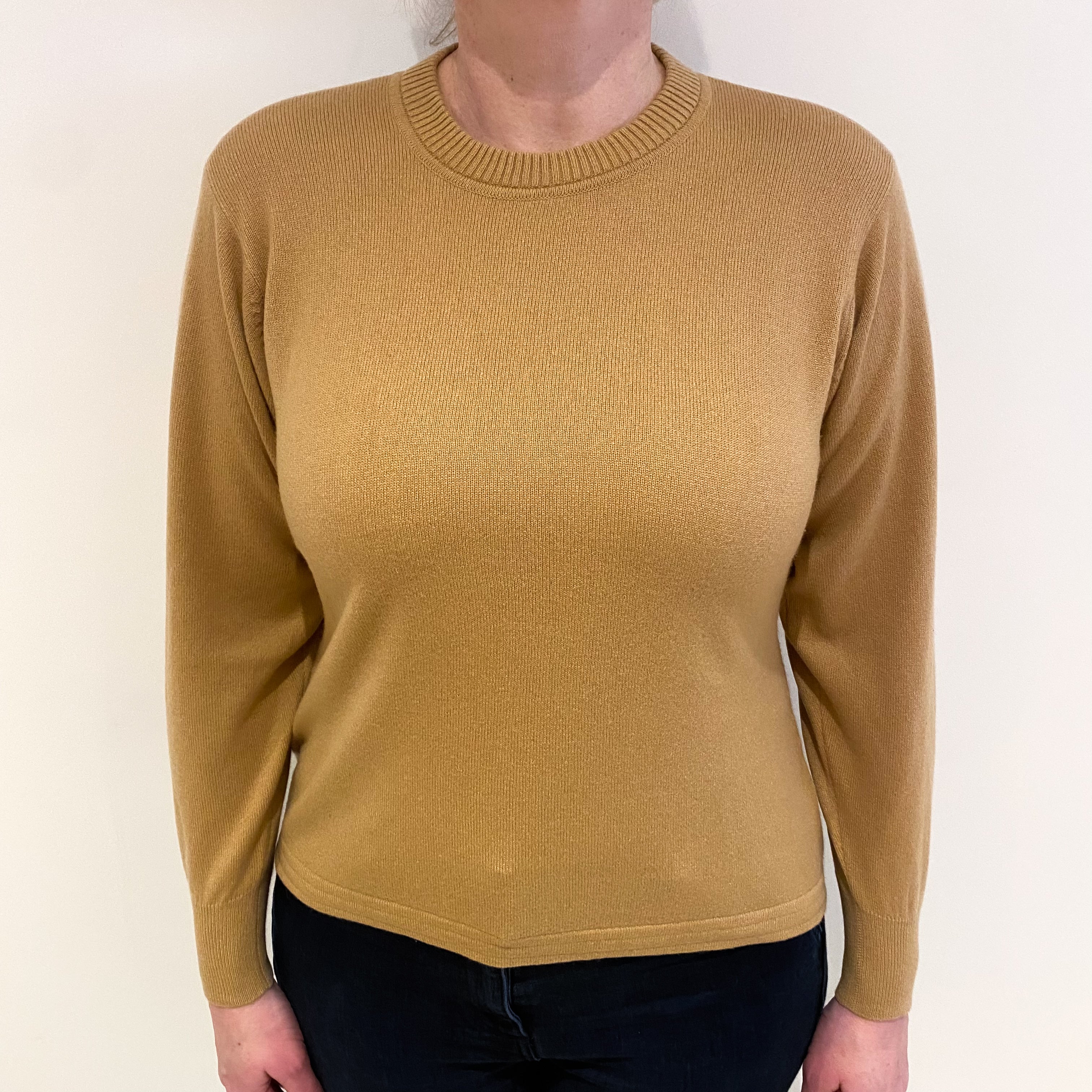 Camel Beige Cashmere Crew Neck Jumper Large