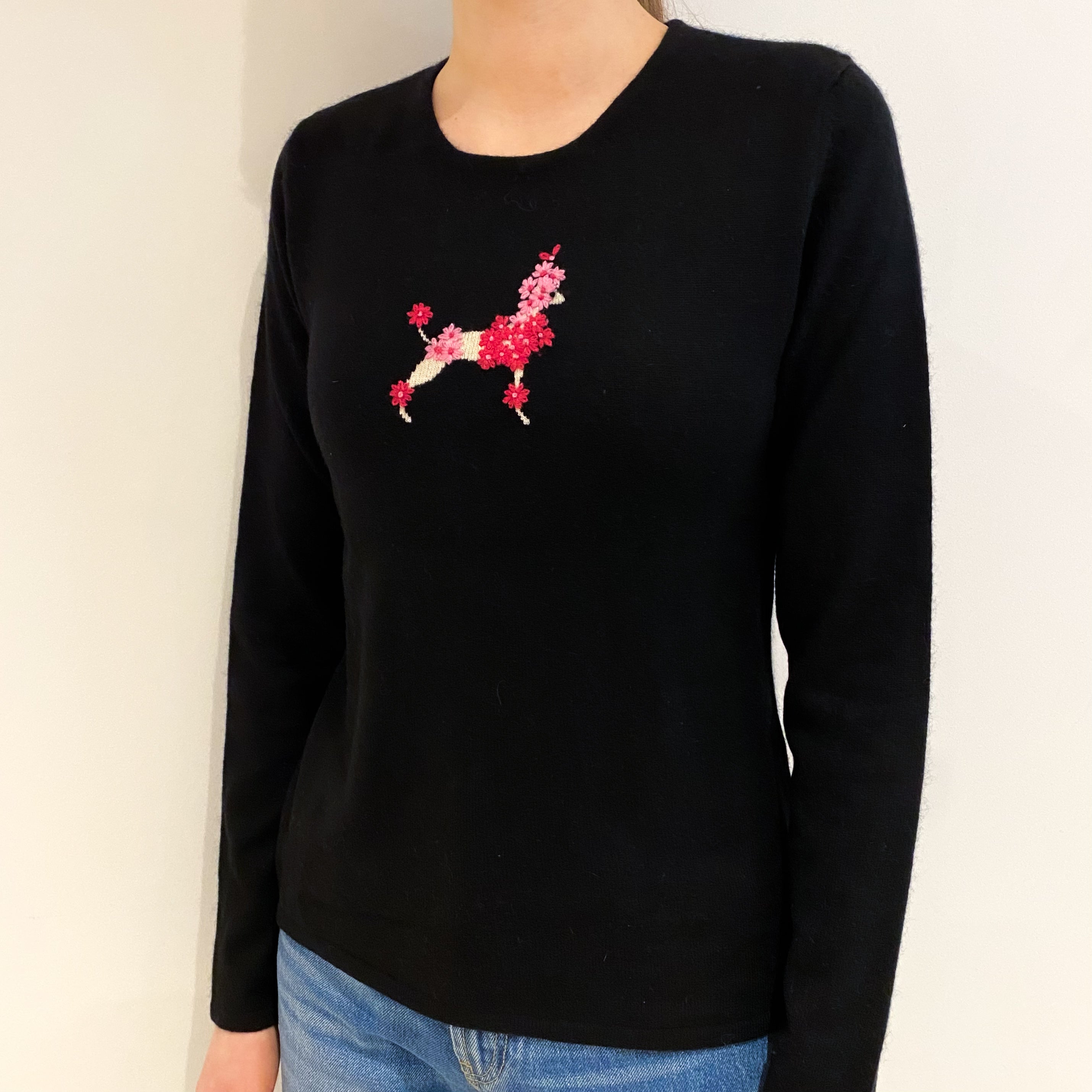 Black Pink Poodle Cashmere Crew Neck Jumper Extra Small