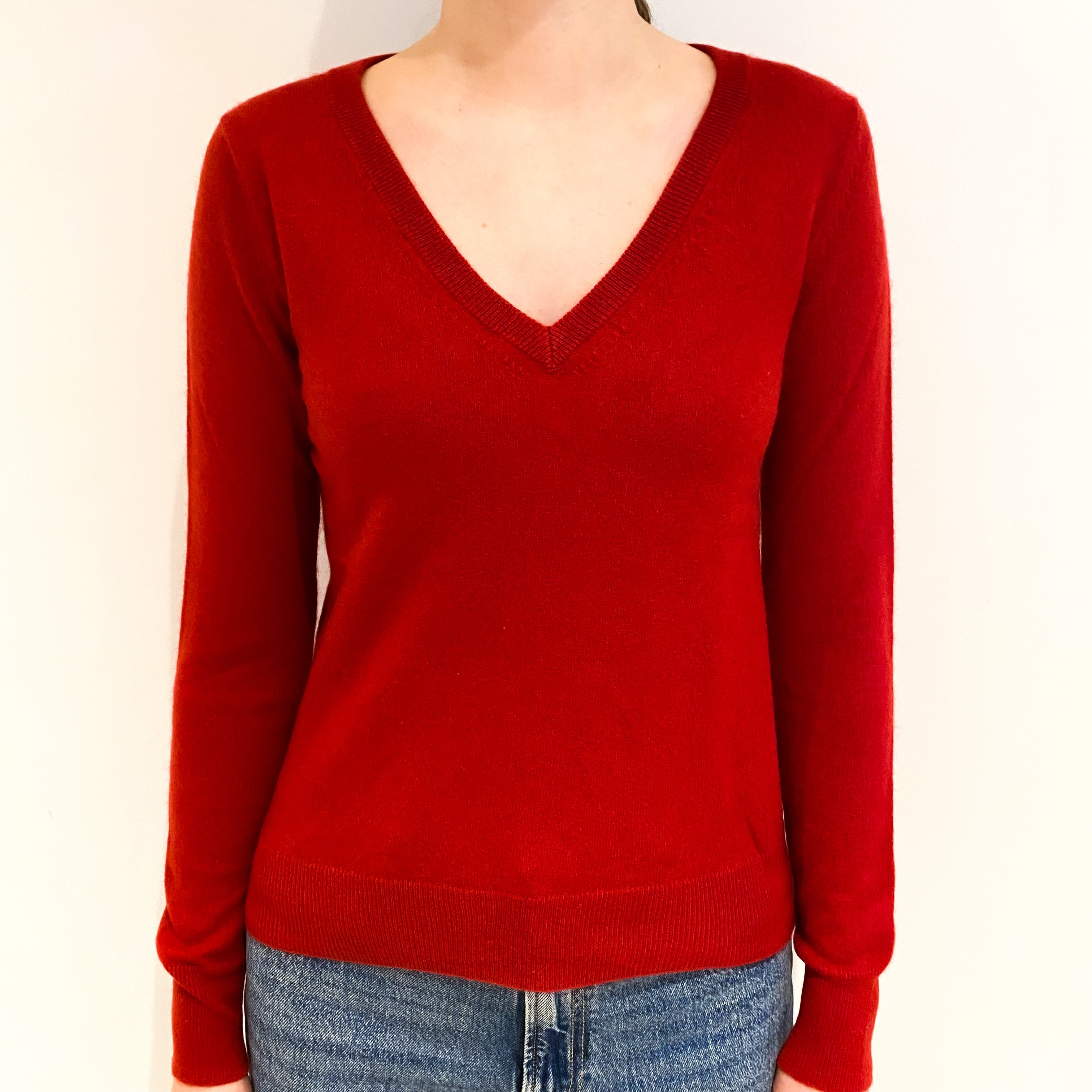 Post Box Red Cashmere V Neck Jumper Extra Small