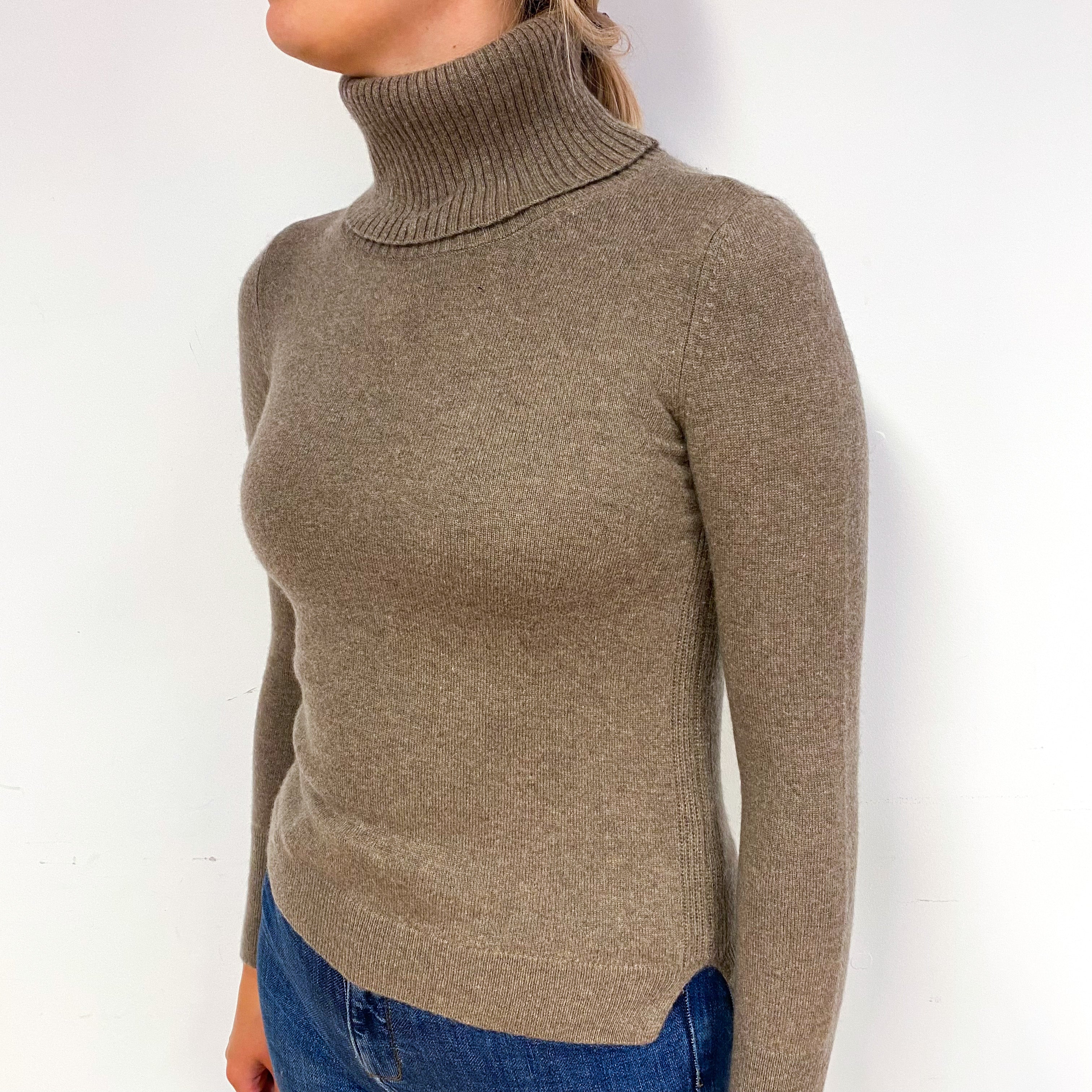 Taupe Brown Cashmere Polo Neck Jumper Small