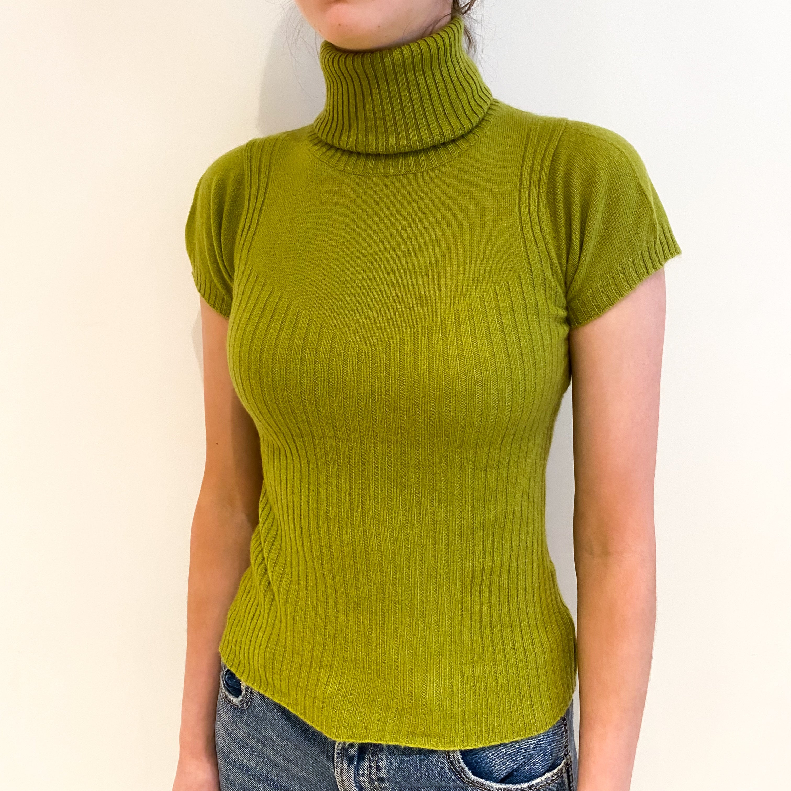 Chartreuse Green Cashmere Polo Neck Short Sleeved Jumper Extra Small