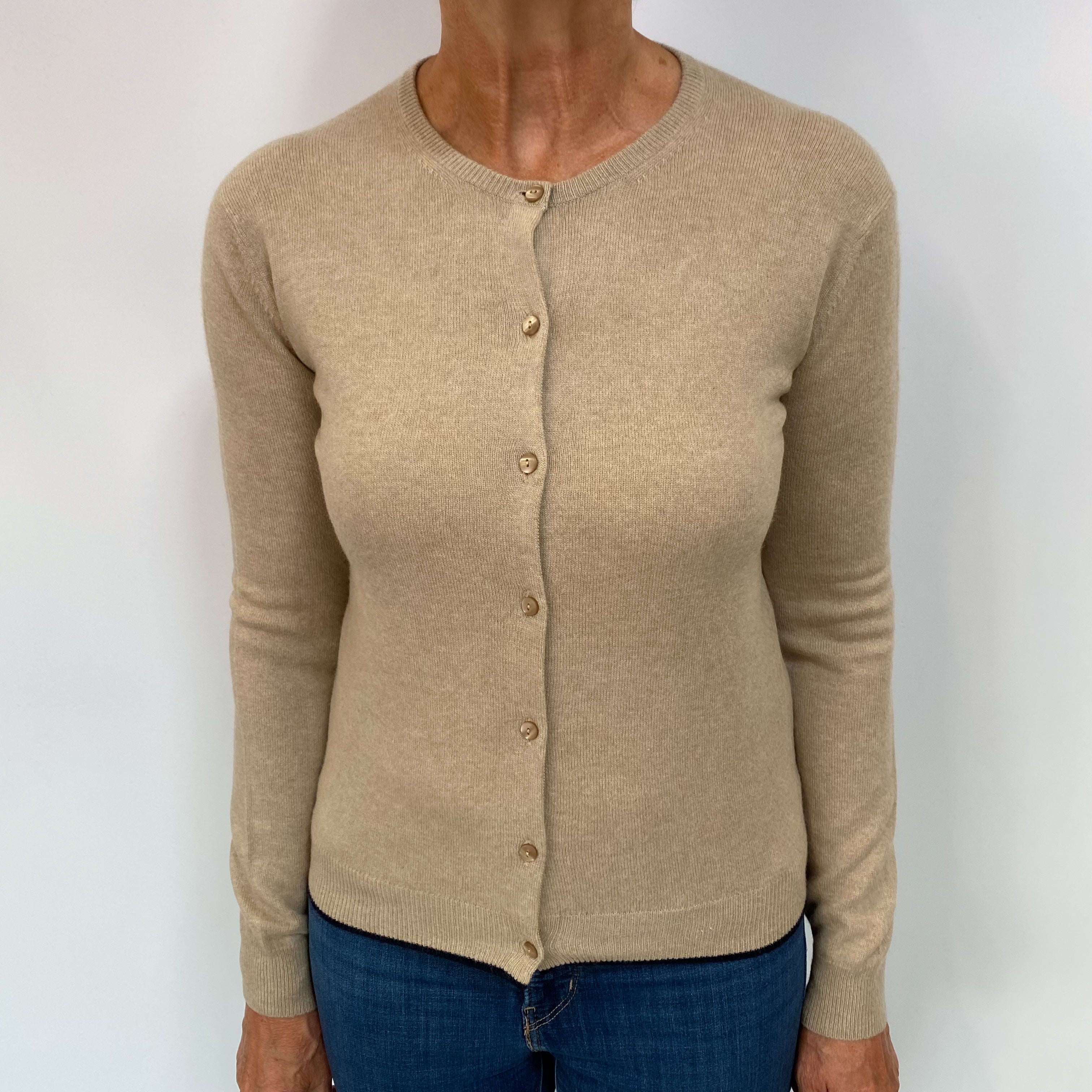 Fawn Beige Cashmere Crew Neck Cardigan Medium