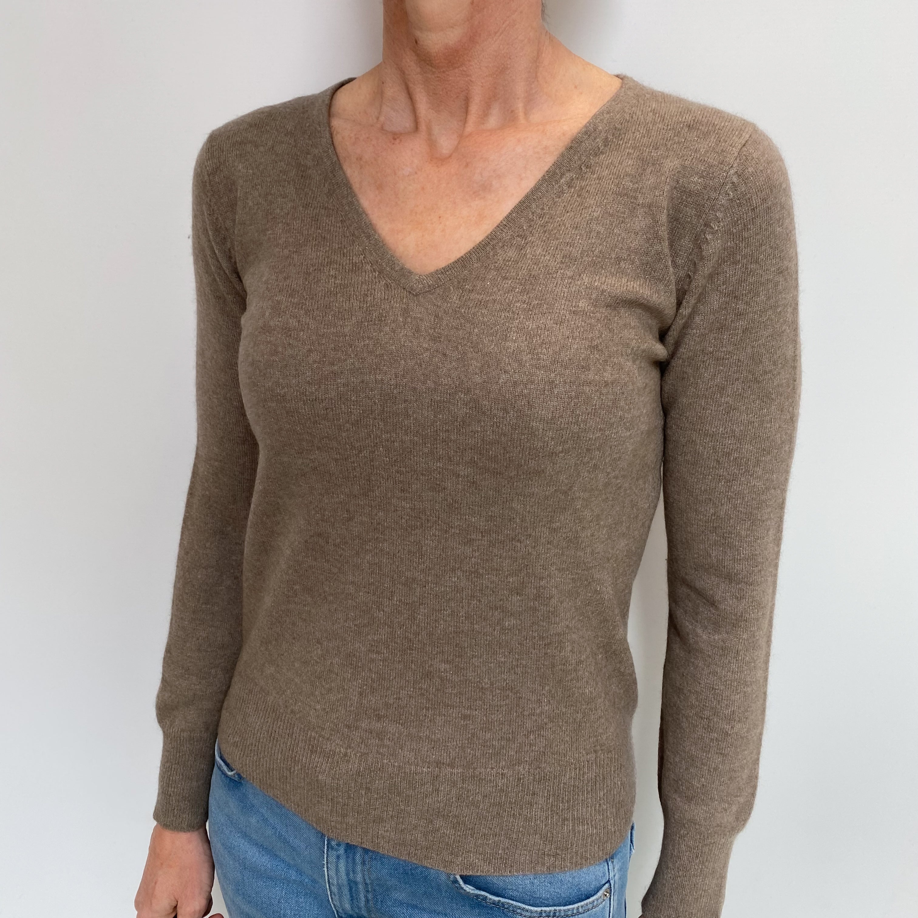 Mocha Brown Cashmere V Neck Jumper Small