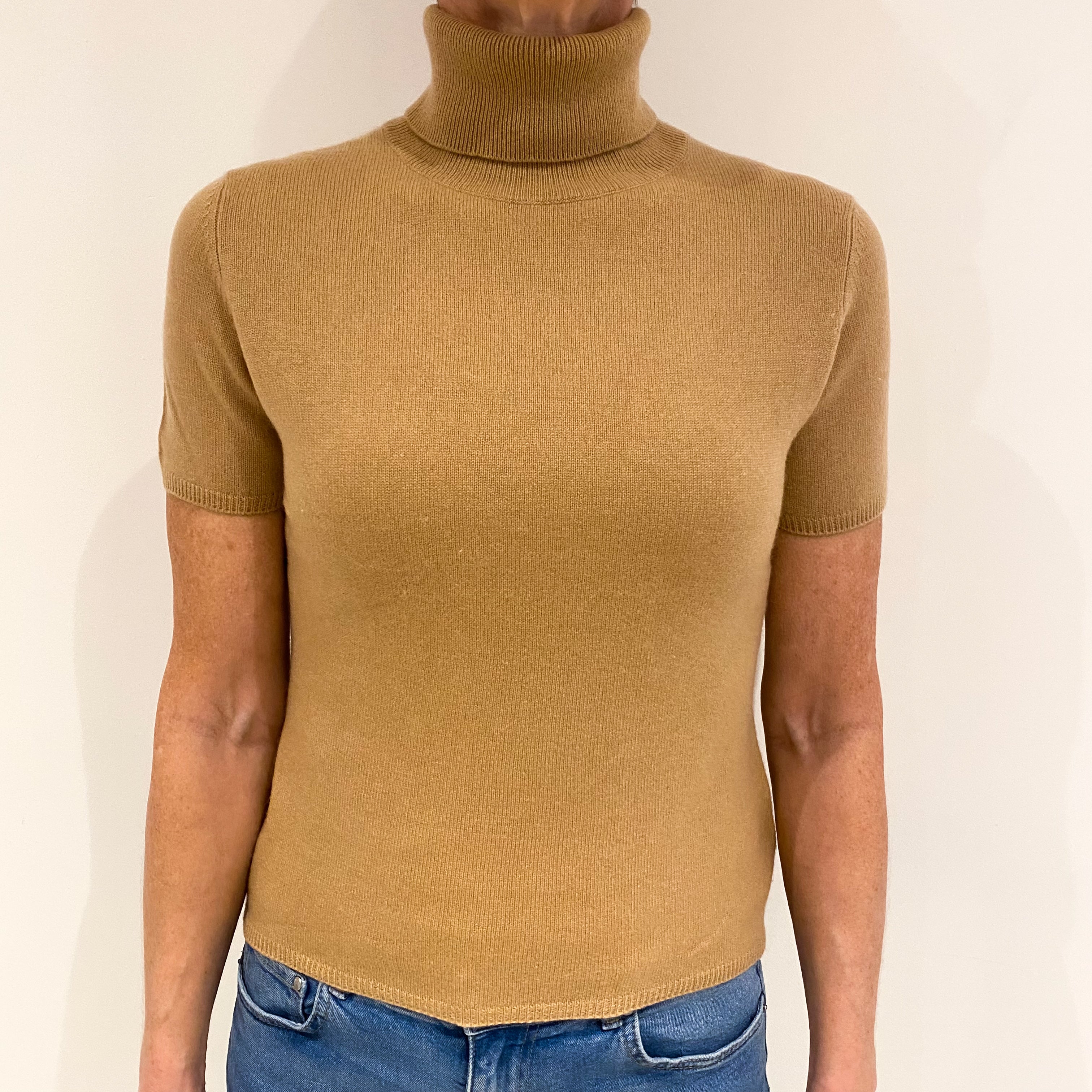 Caramel Brown Cashmere Short Sleeved Polo Neck Jumper Small