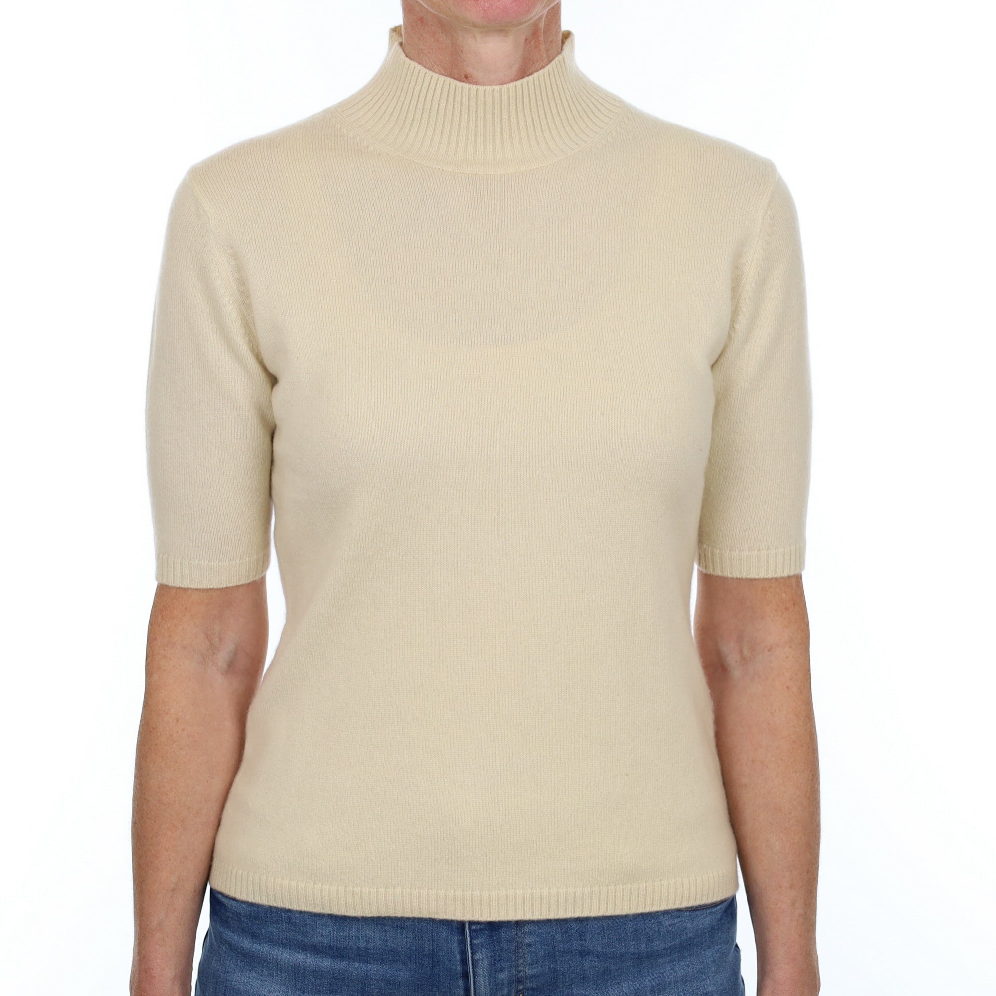 Vanilla Cream Cashmere Turtle Neck Short Sleeved Jumper Small