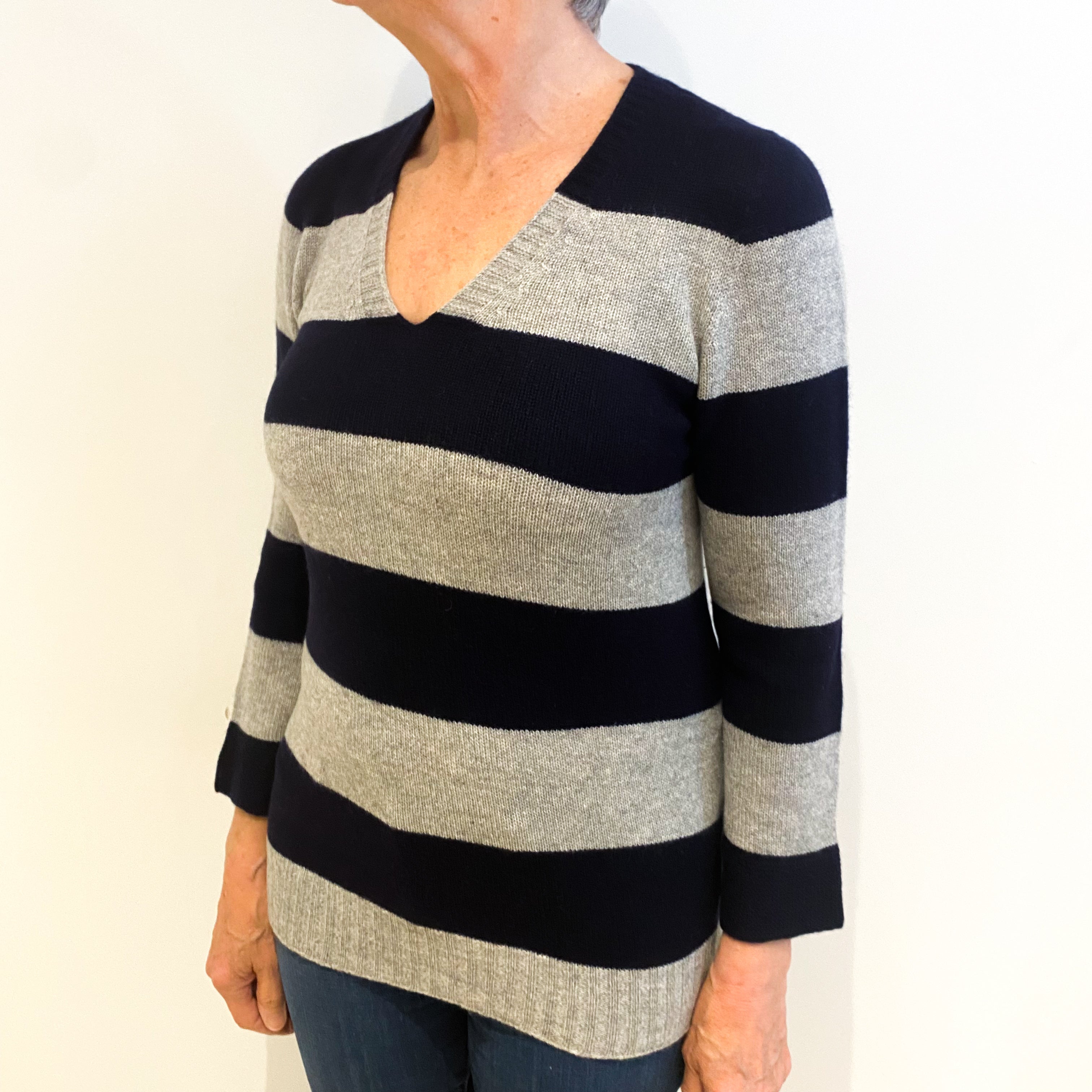 Navy And Grey Stripe Cashmere V Neck Jumper Medium