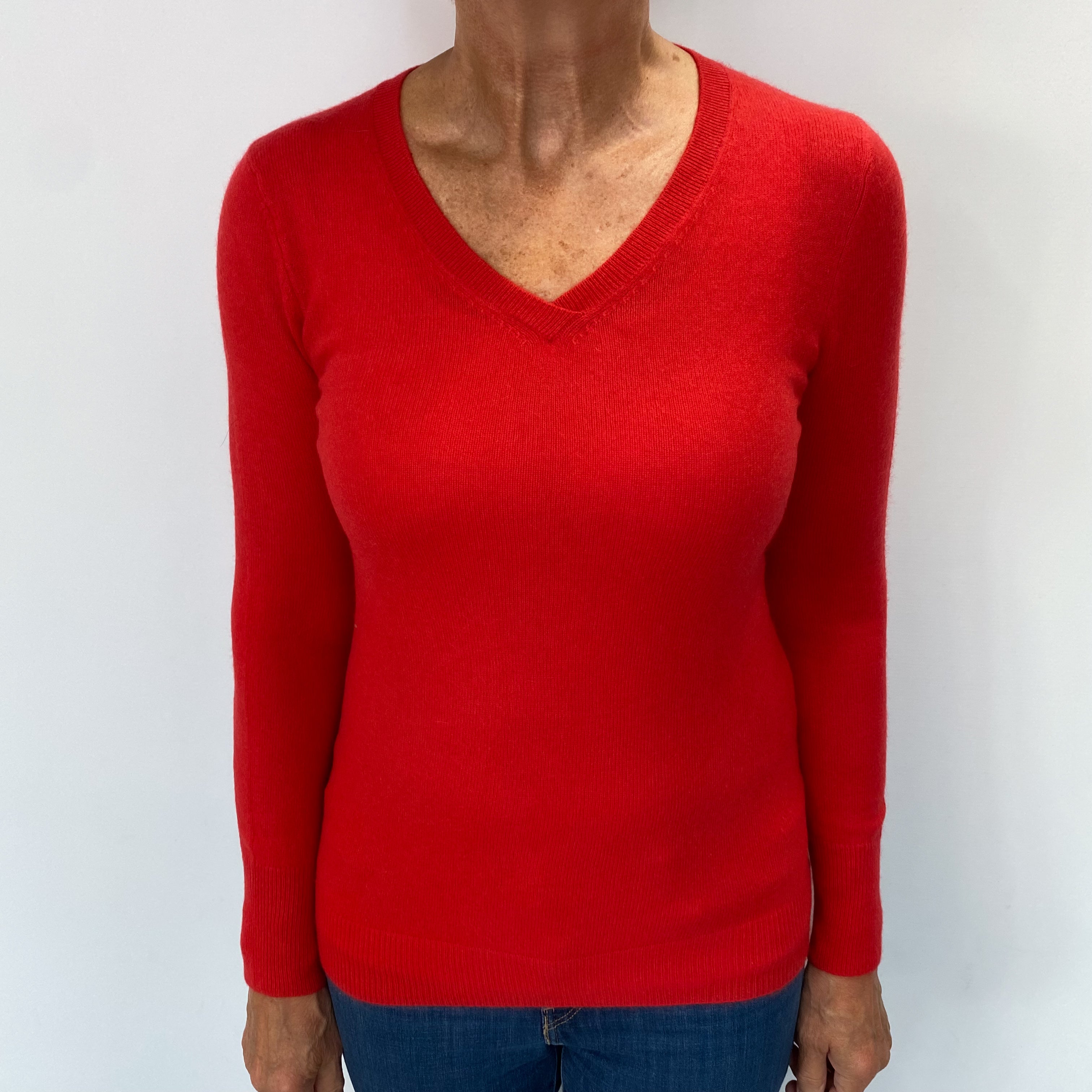 Vermillion Red Cashmere V Neck Jumper Medium