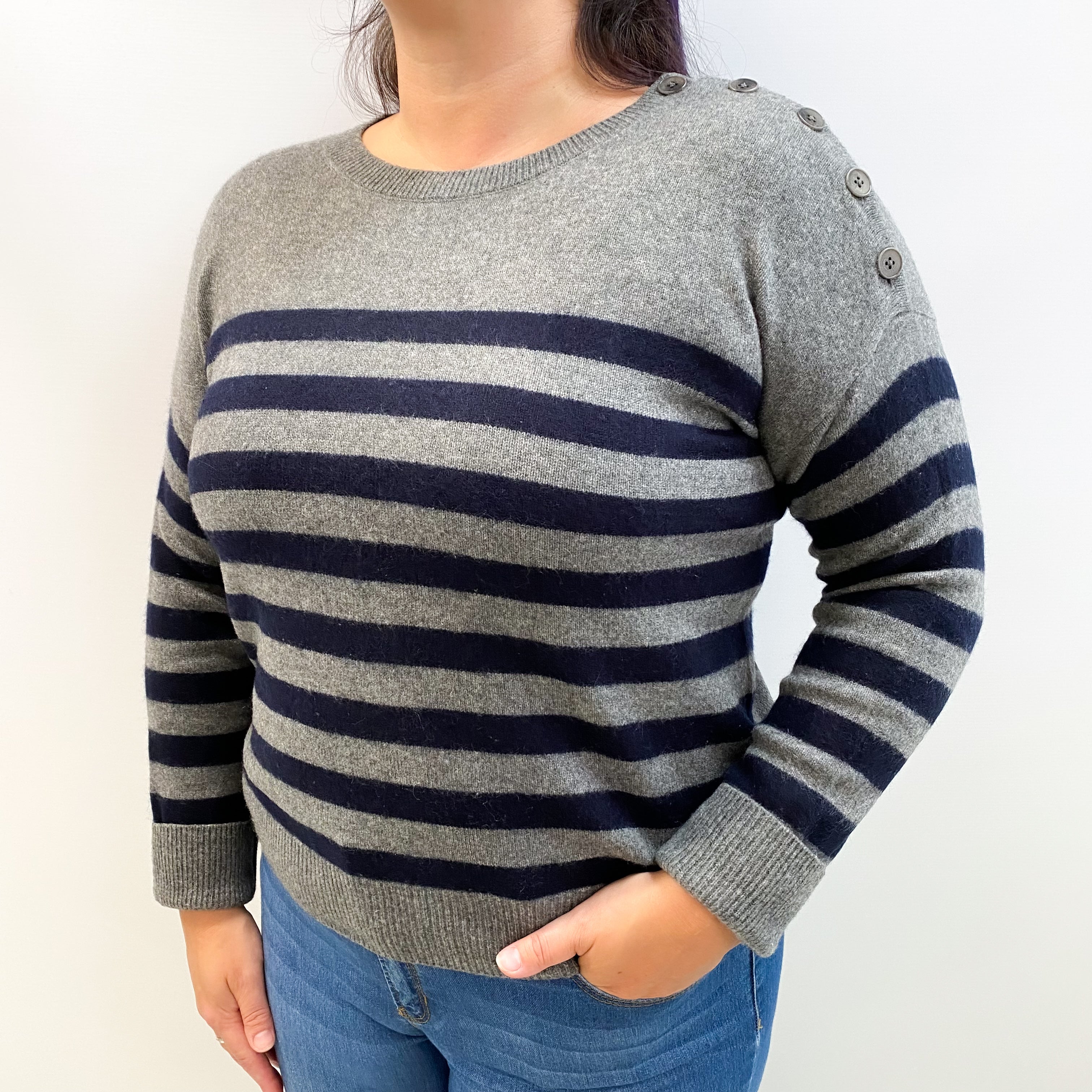 Vince Grey Navy Stripe Cashmere Crew Neck Jumper Large