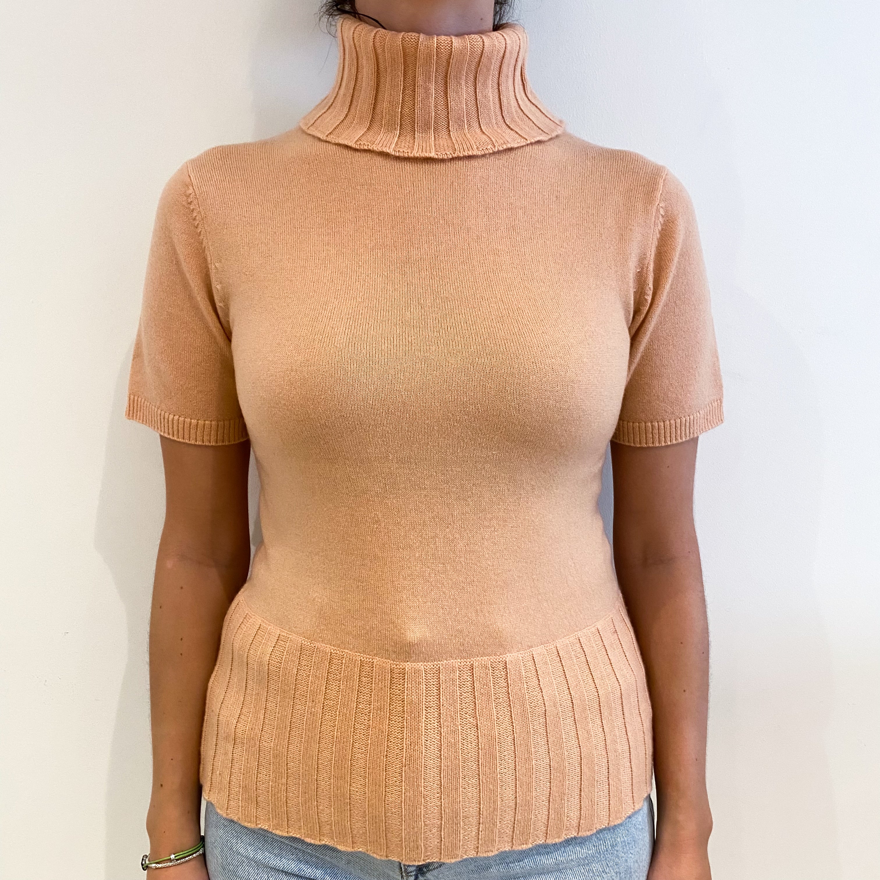 Salmon Pink Cashmere Polo Neck Short Sleeved Jumper Small