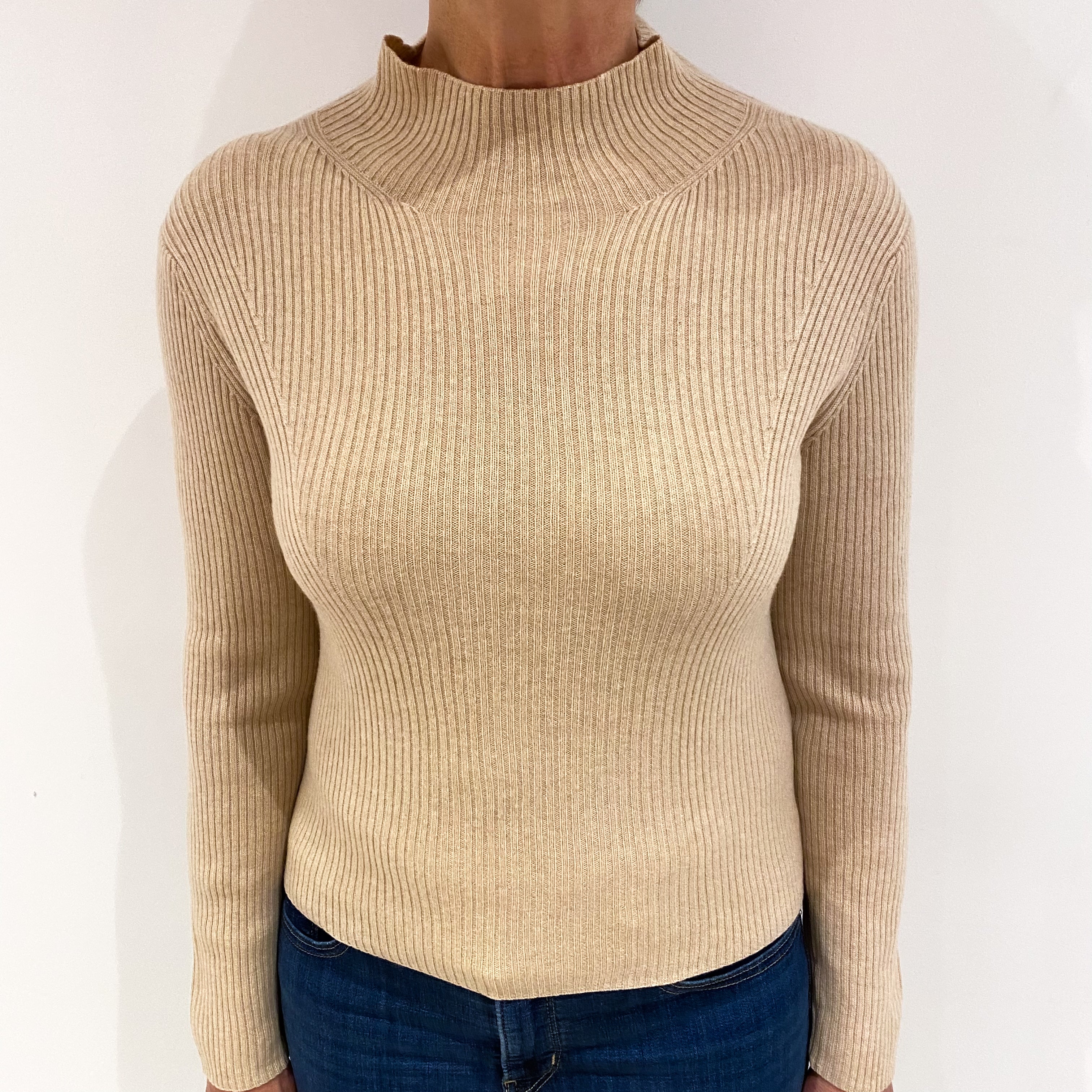 Beige Brown Ribbed Cashmere Turtle Neck Jumper Medium