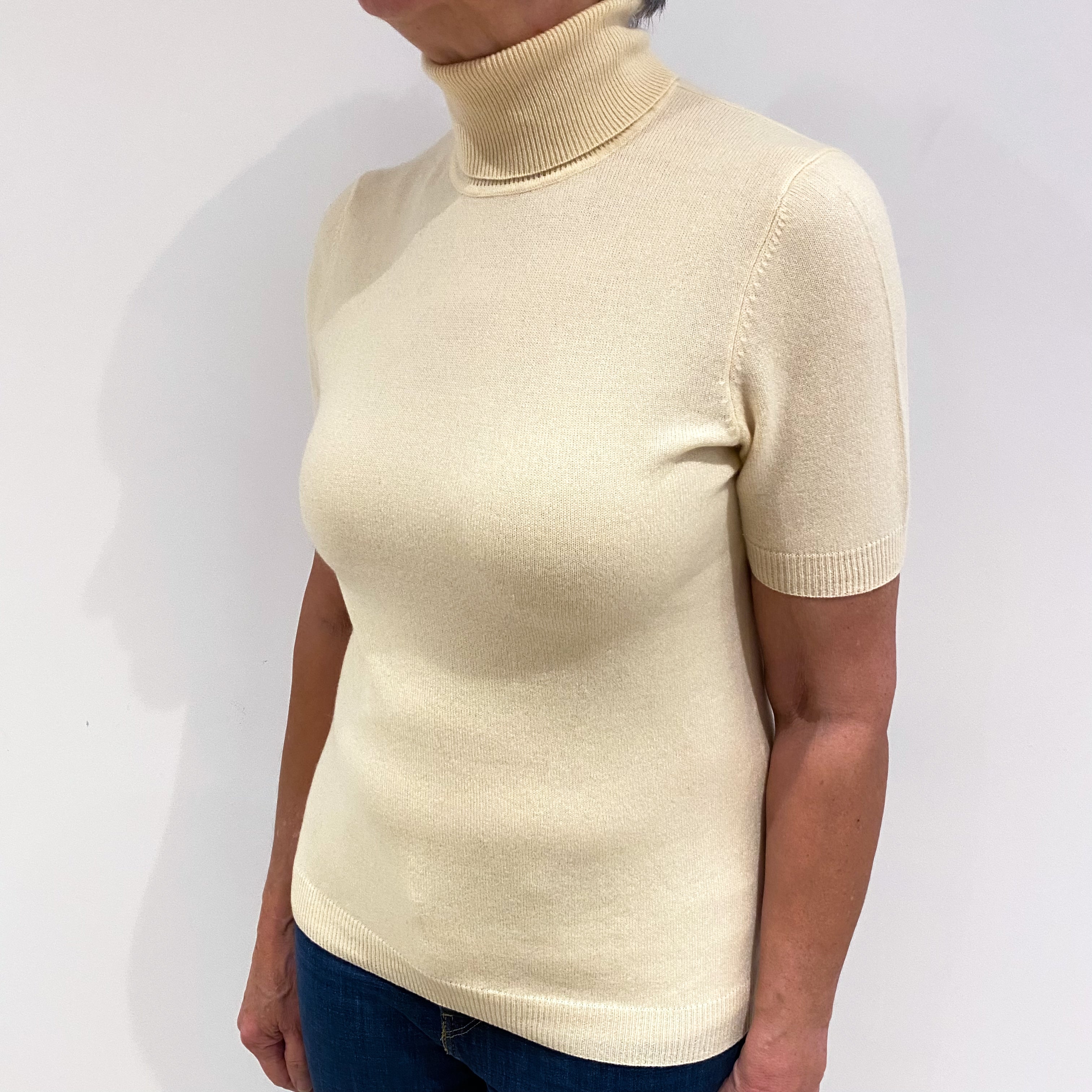 Pale Custard Yellow Short Sleeved Cashmere Polo Neck Jumper Medium