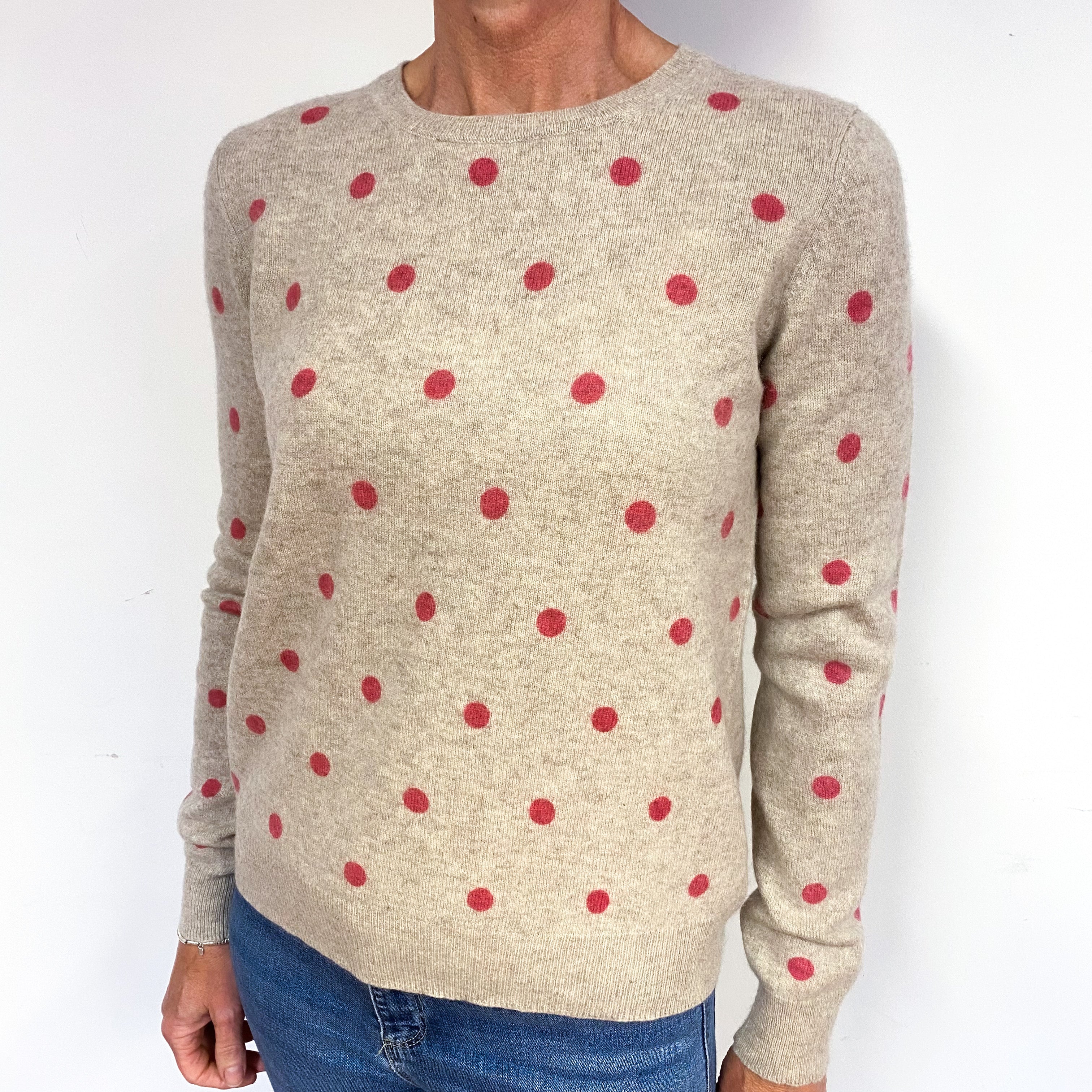 Fawn Pink Spot Cashmere Crew Neck Jumper Medium