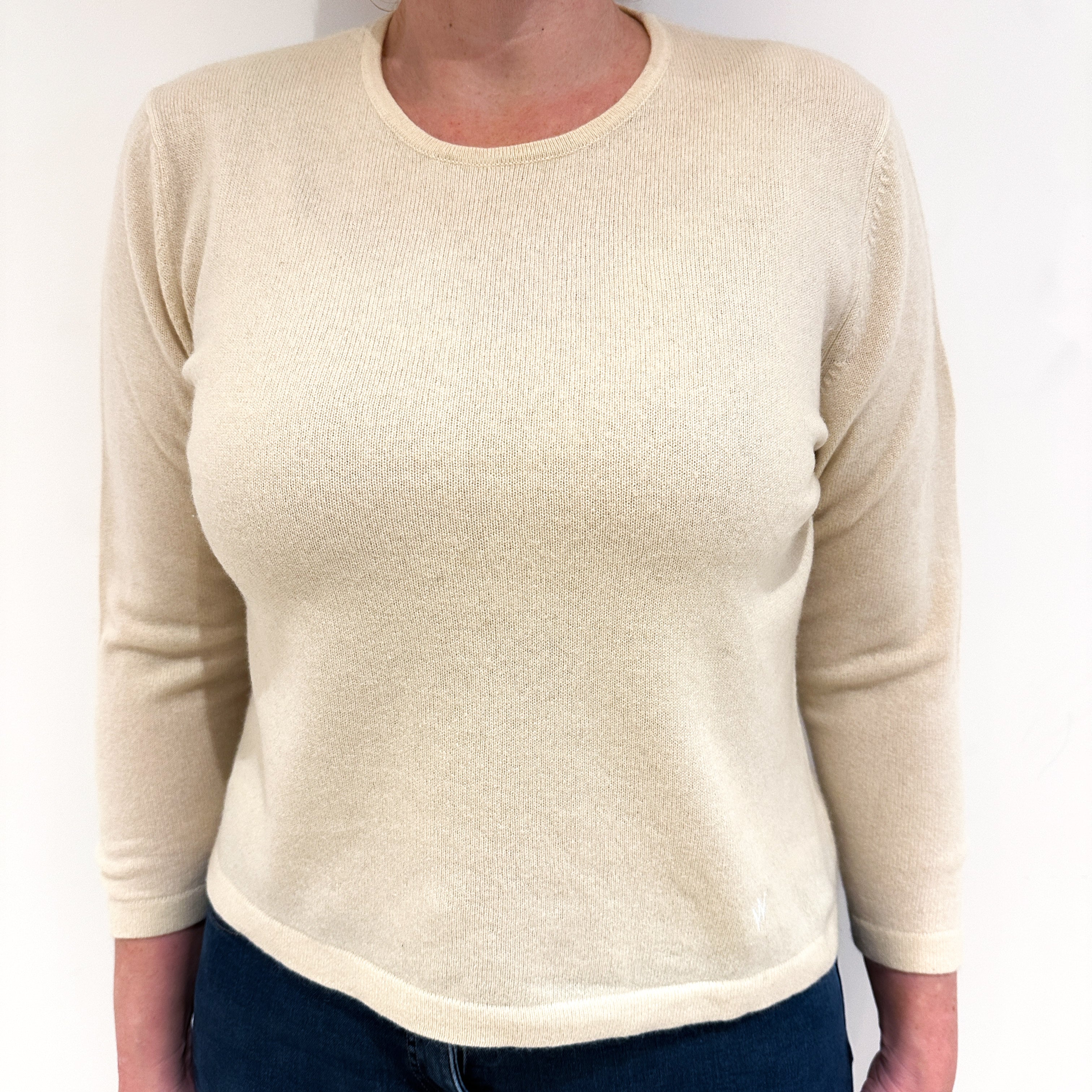 Vanilla Cream 3/4 Sleeve Cashmere Crew Neck Jumper Large