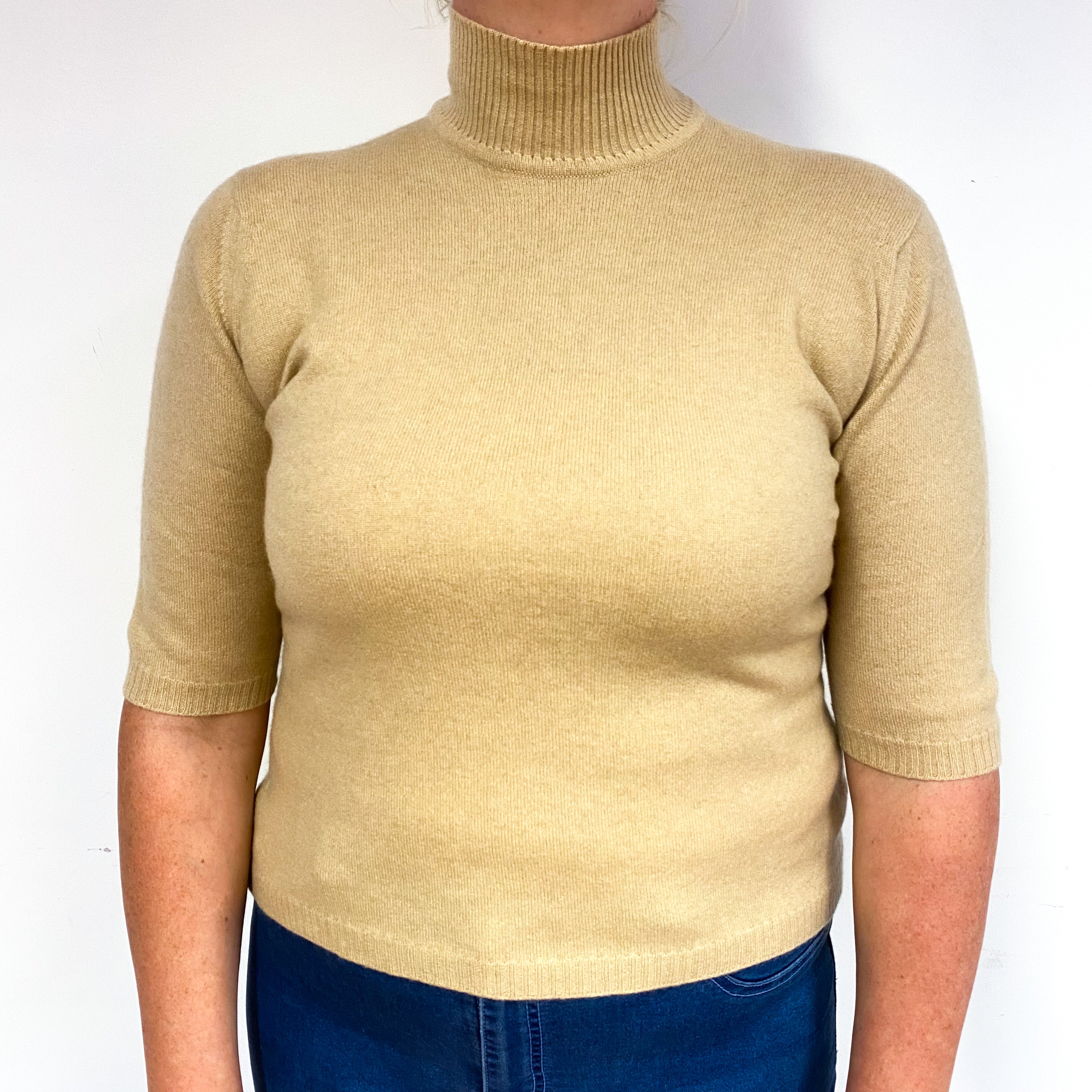 Warm Beige Short Sleeve Cashmere Turtle Neck Jumper Large