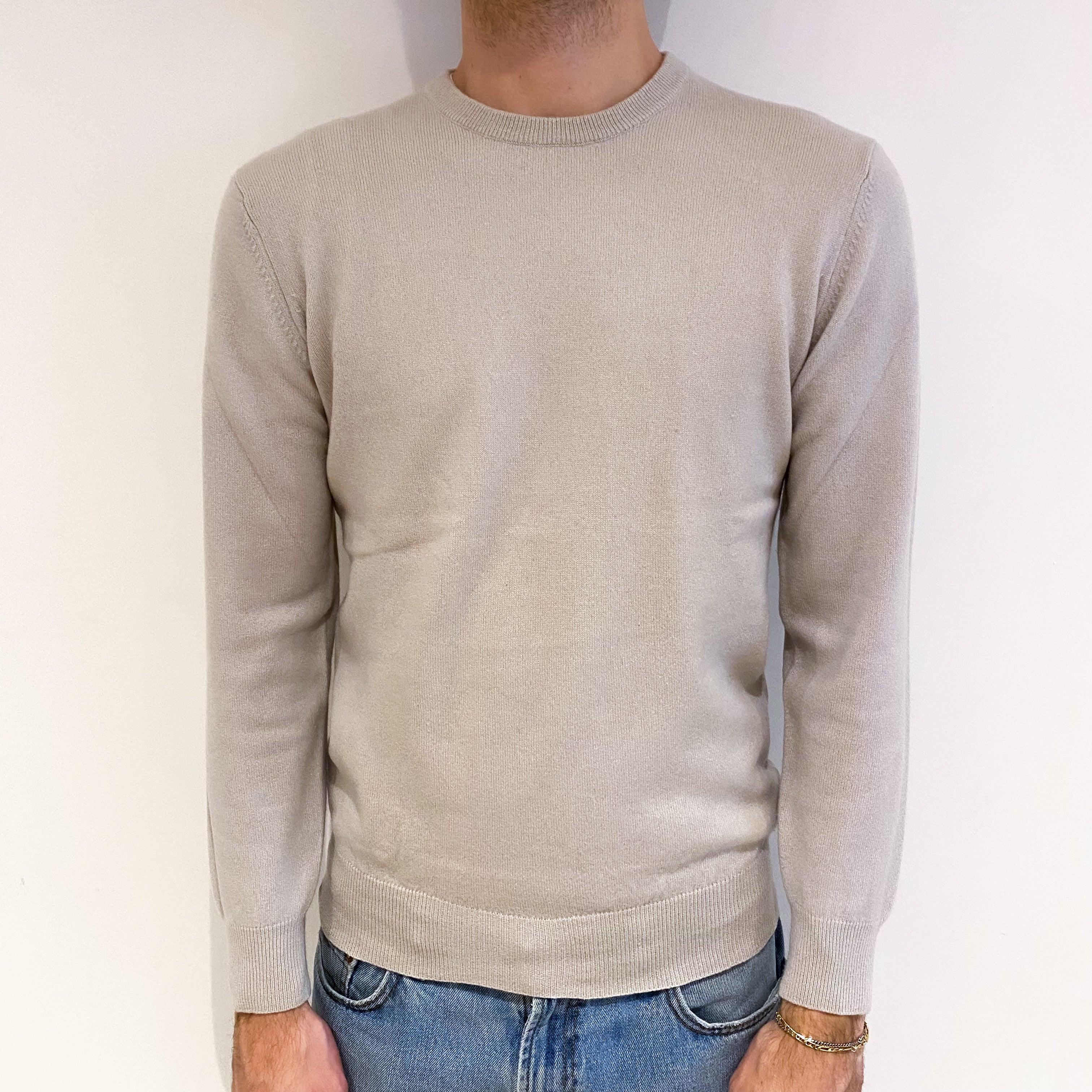 Men's Alabaster Beige Cashmere Crew Neck Jumper Medium