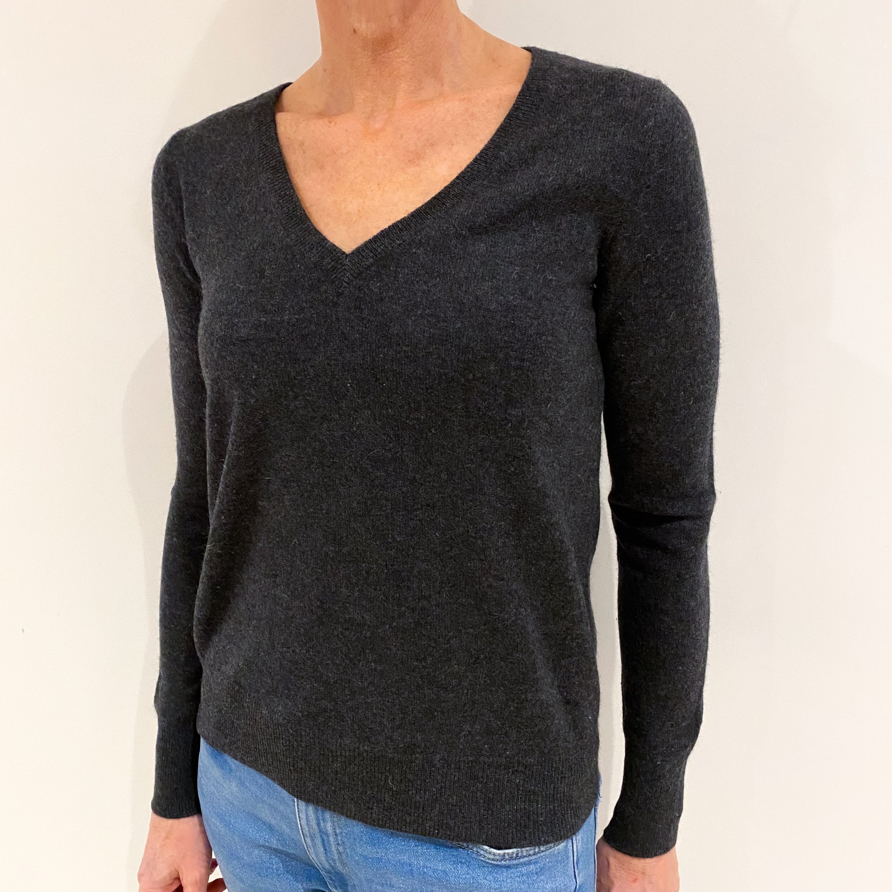 Dark Grey Cashmere V Neck Jumper Small