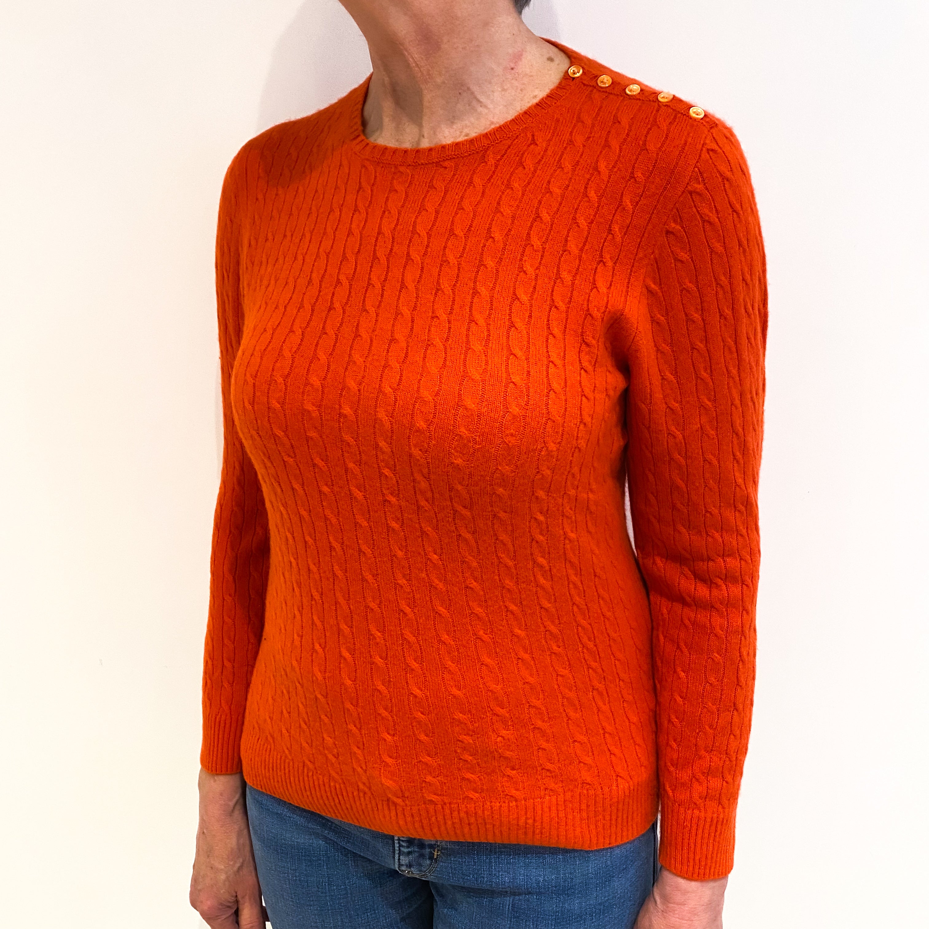 Vermillion Orange Cashmere Crew Neck Cable Knit Jumper Medium