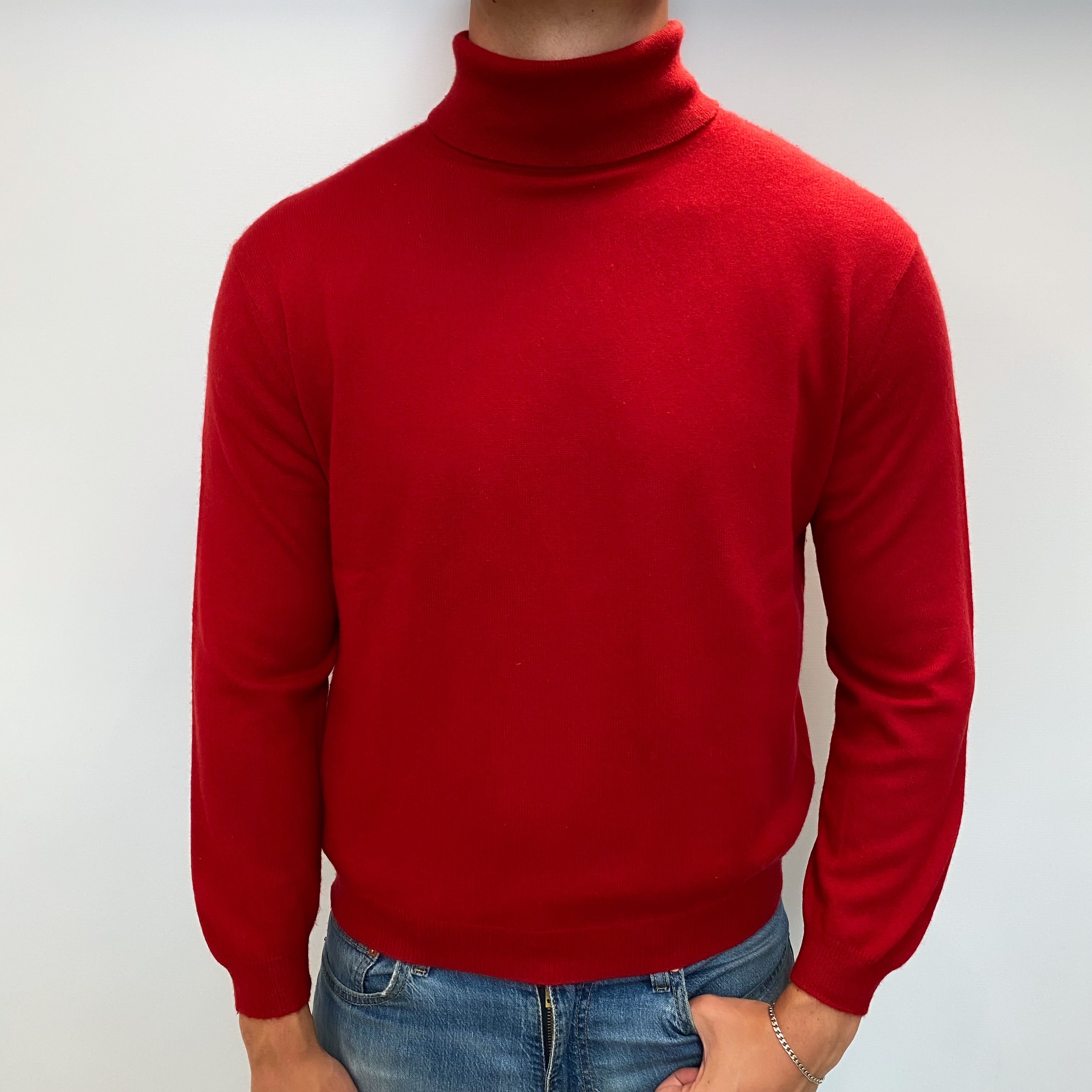 Men's Post Box Red Cashmere Polo Neck Jumper XL