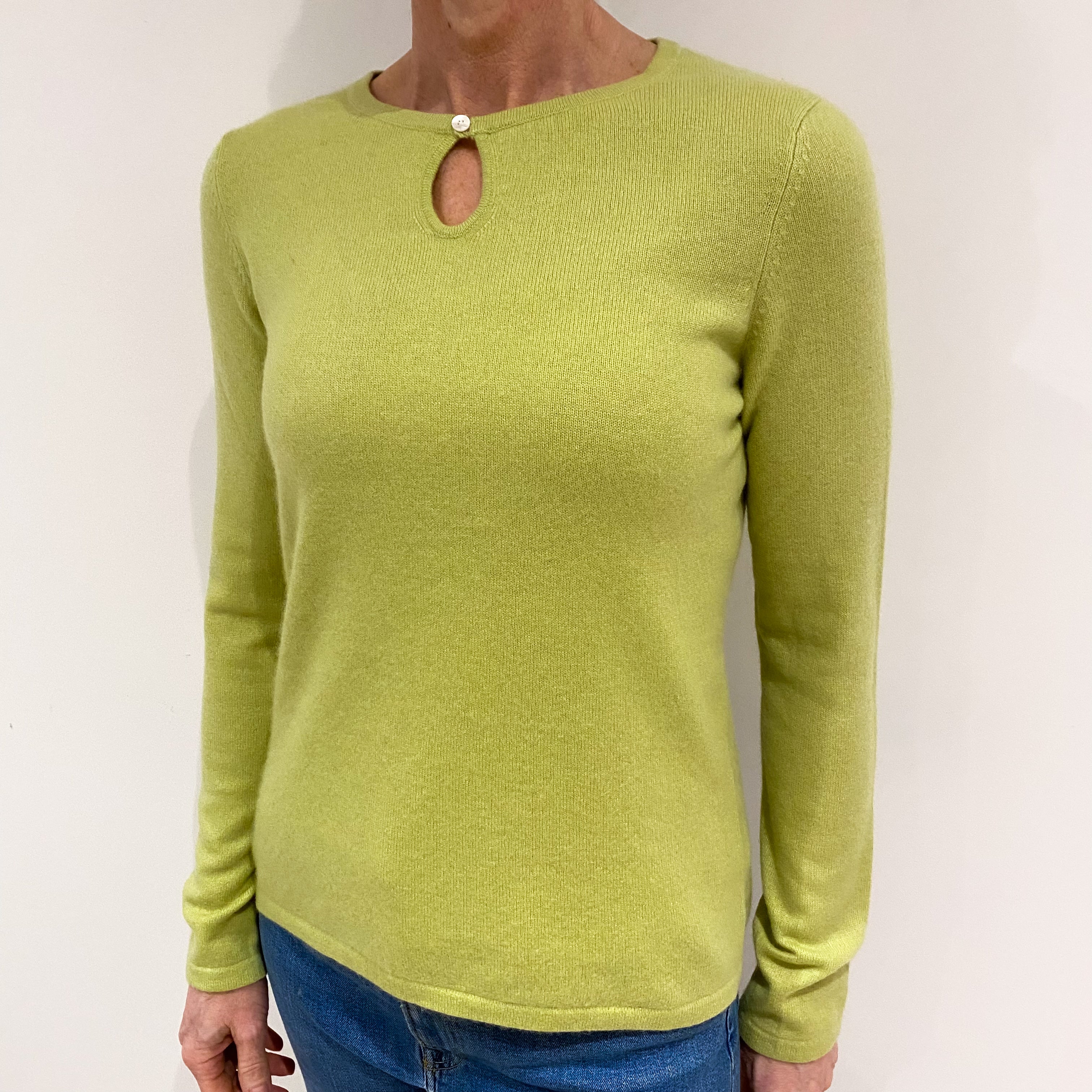 Avocado Green Cashmere Keyhole Crew Neck Jumper Small