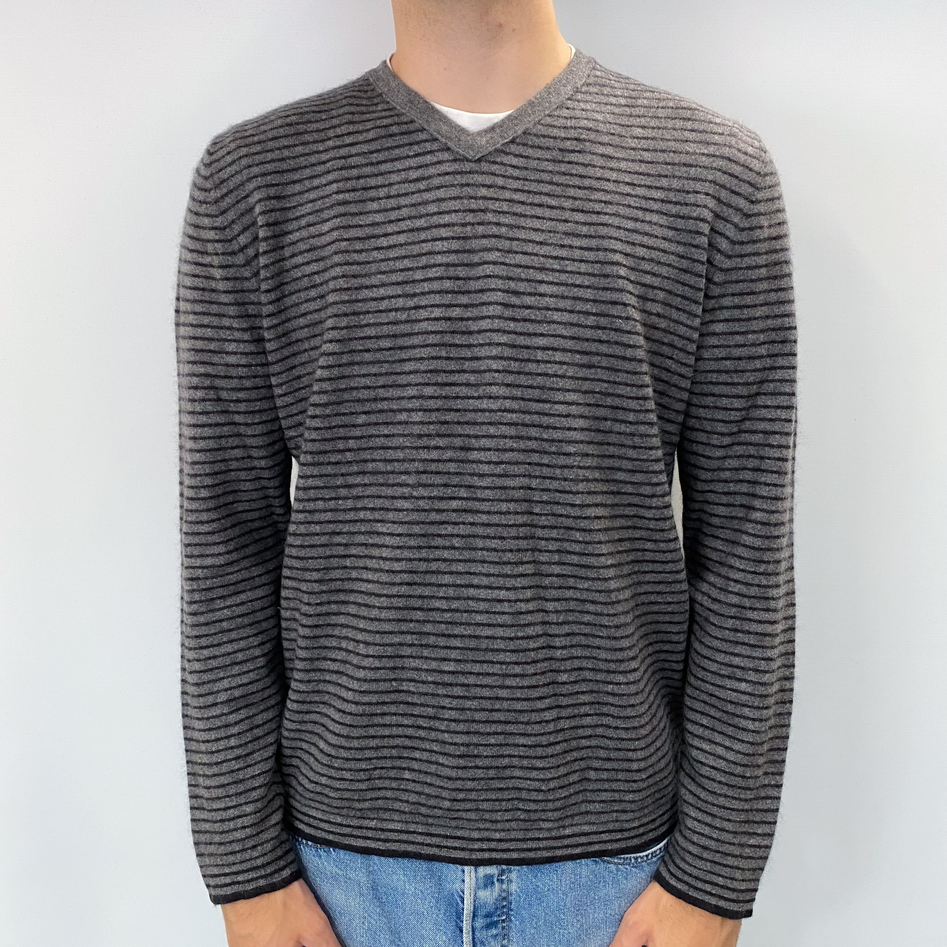 Grey Black Striped Men's Cashmere V Neck Jumper Large