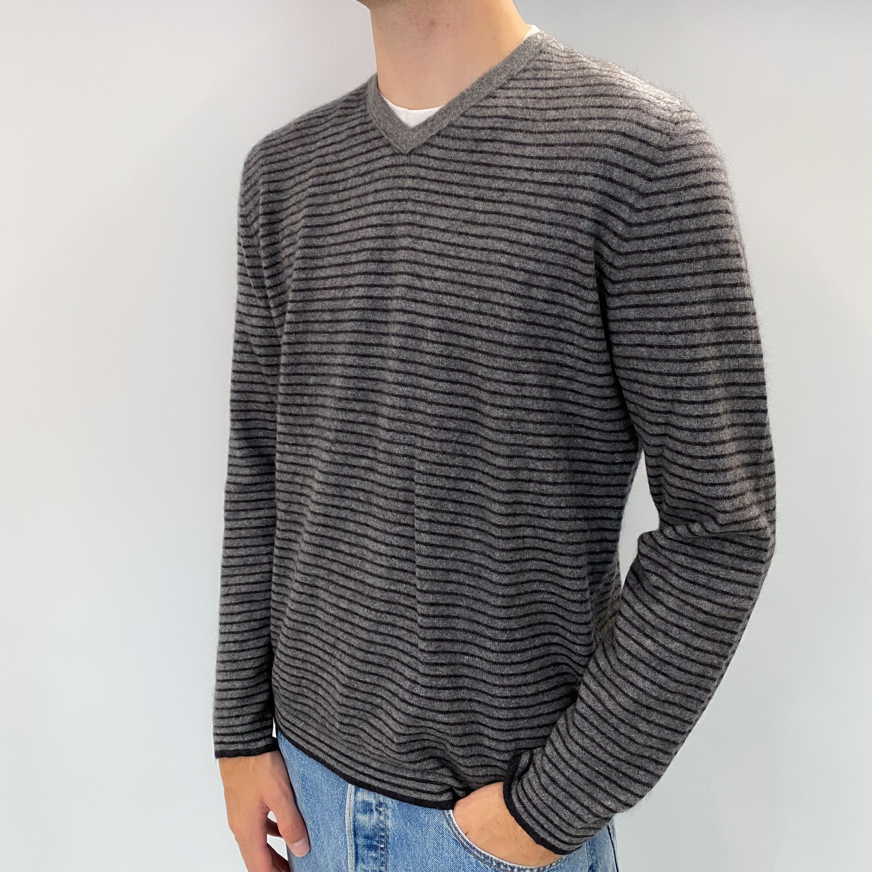 Grey Black Striped Men's Cashmere V Neck Jumper Large