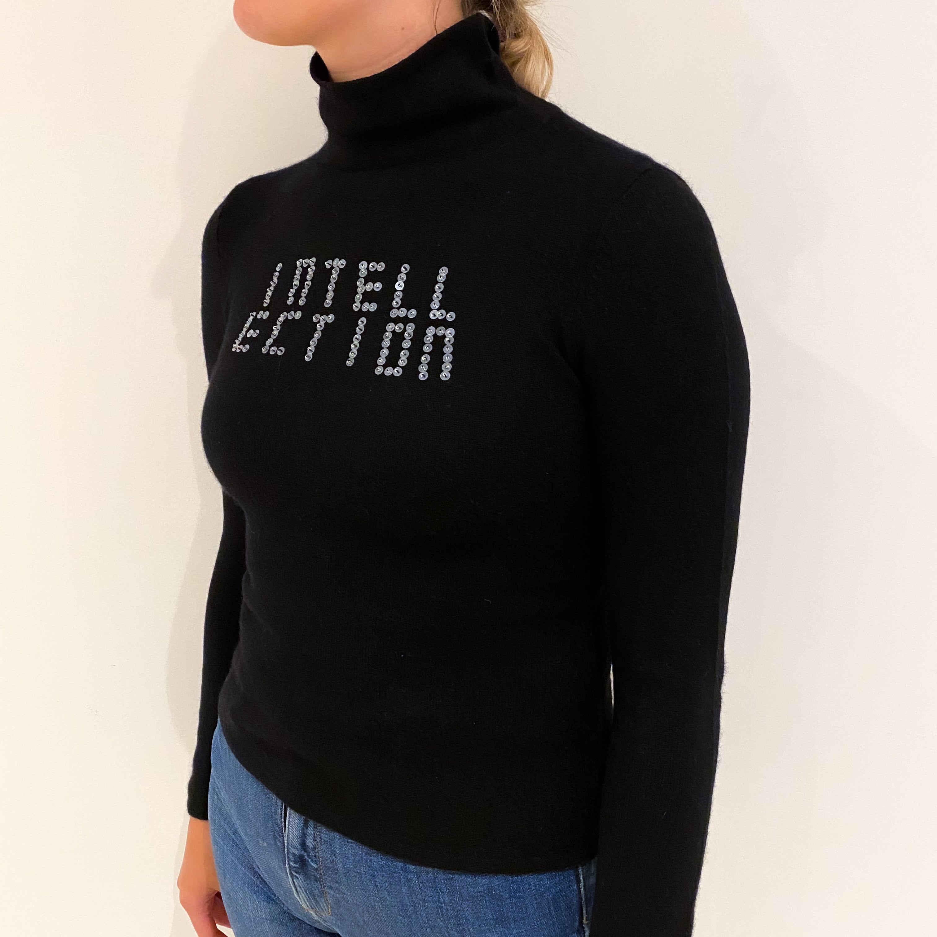 Black Sequin Slogan Cashmere Turtle Neck Jumper Small