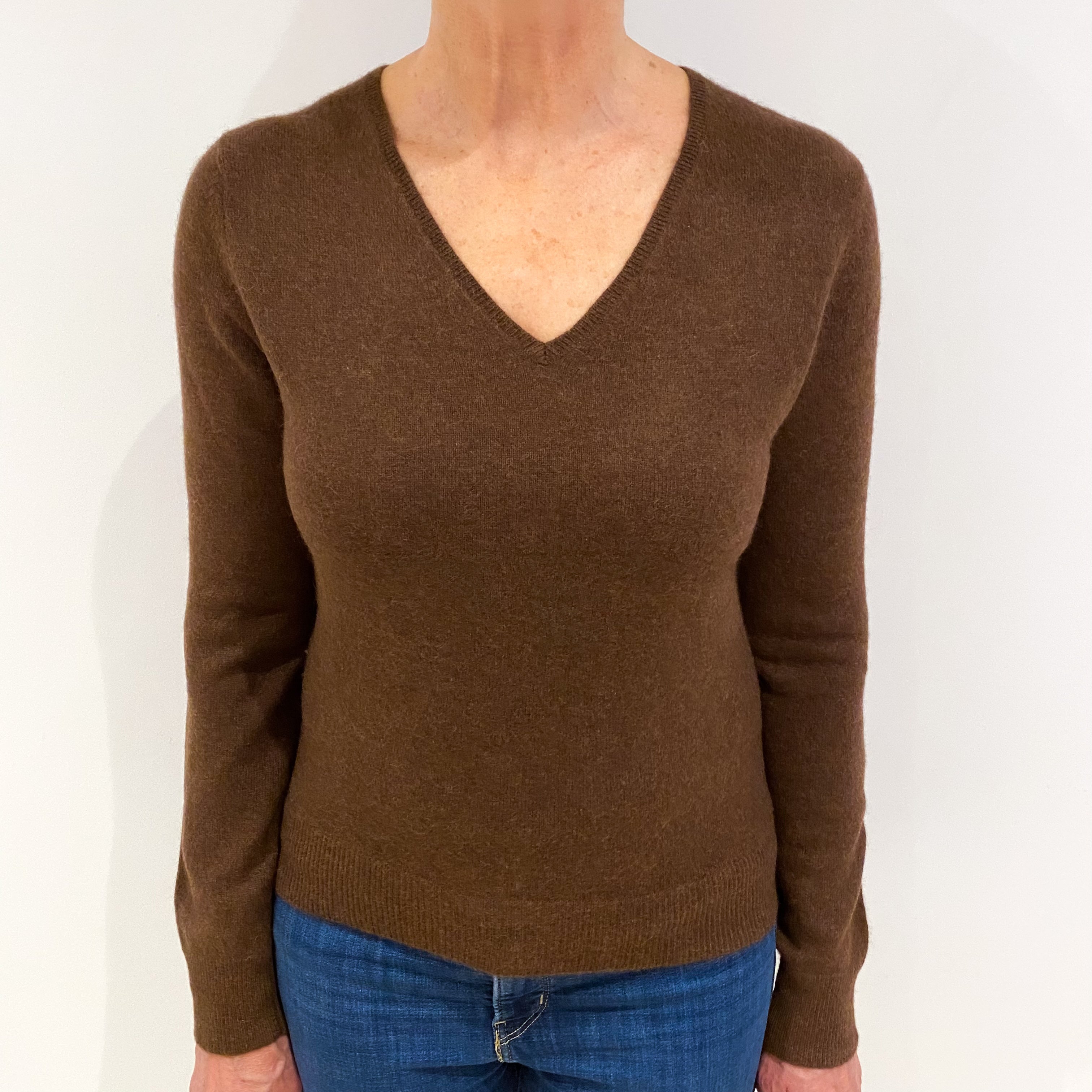 Walnut Brown Cashmere V Neck Jumper Medium