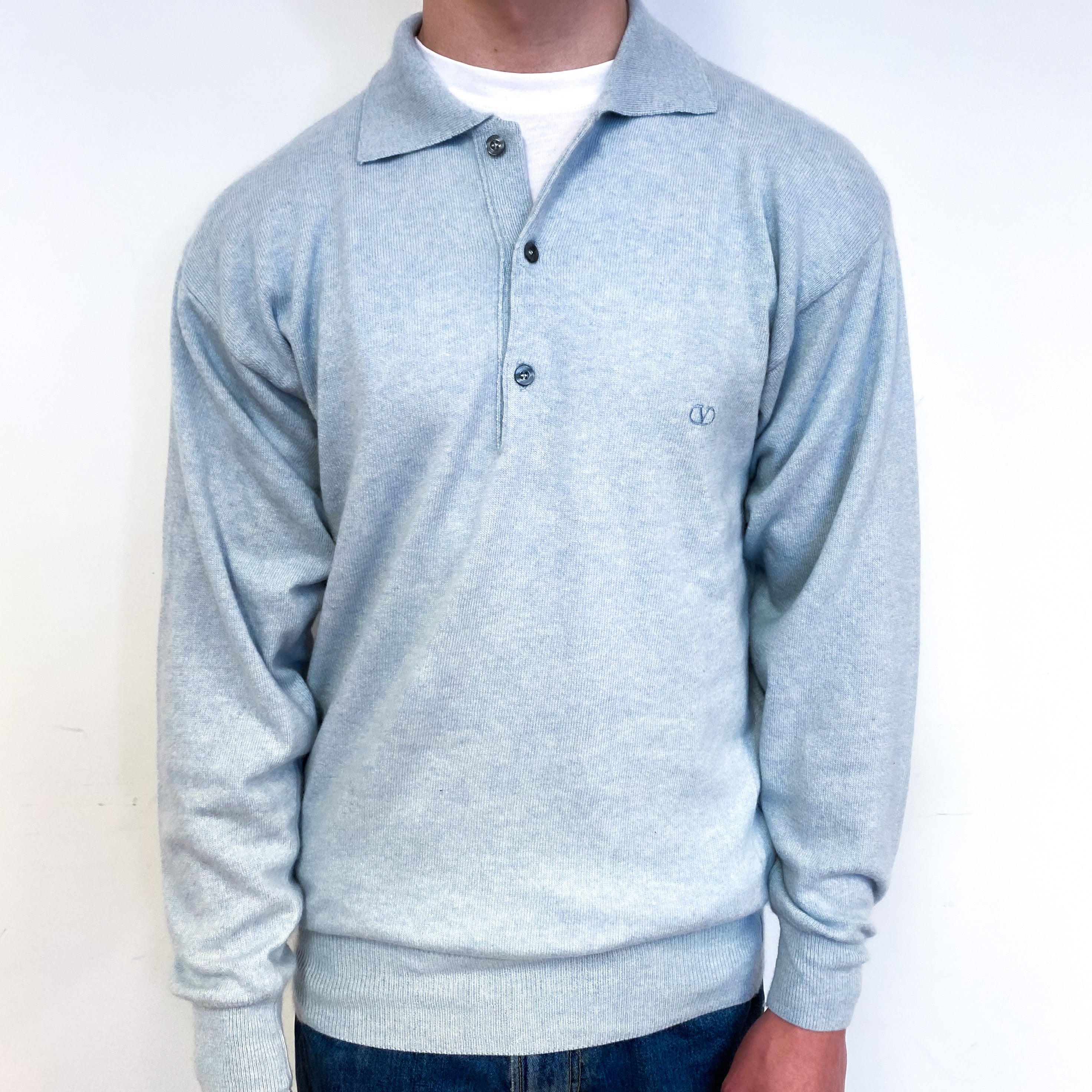 Men's Opal Blue Cashmere Collared 1/4 Button Jumper Small