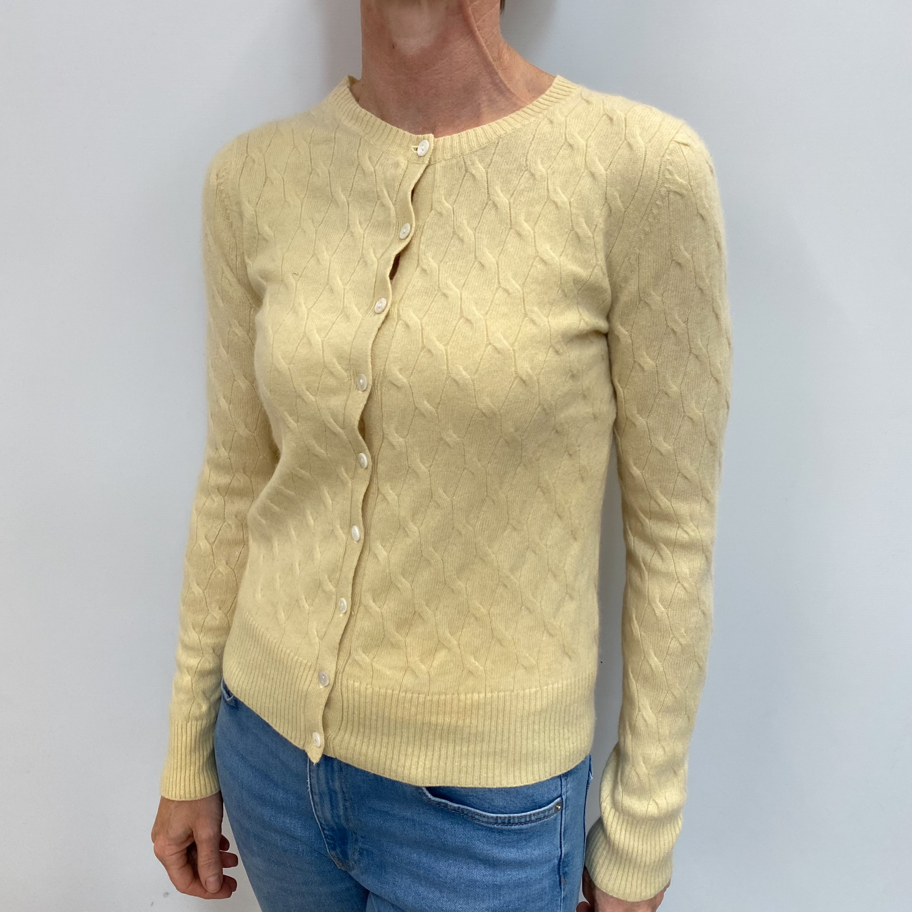 Primrose Yellow Cashmere Crew Neck Cardigan Small