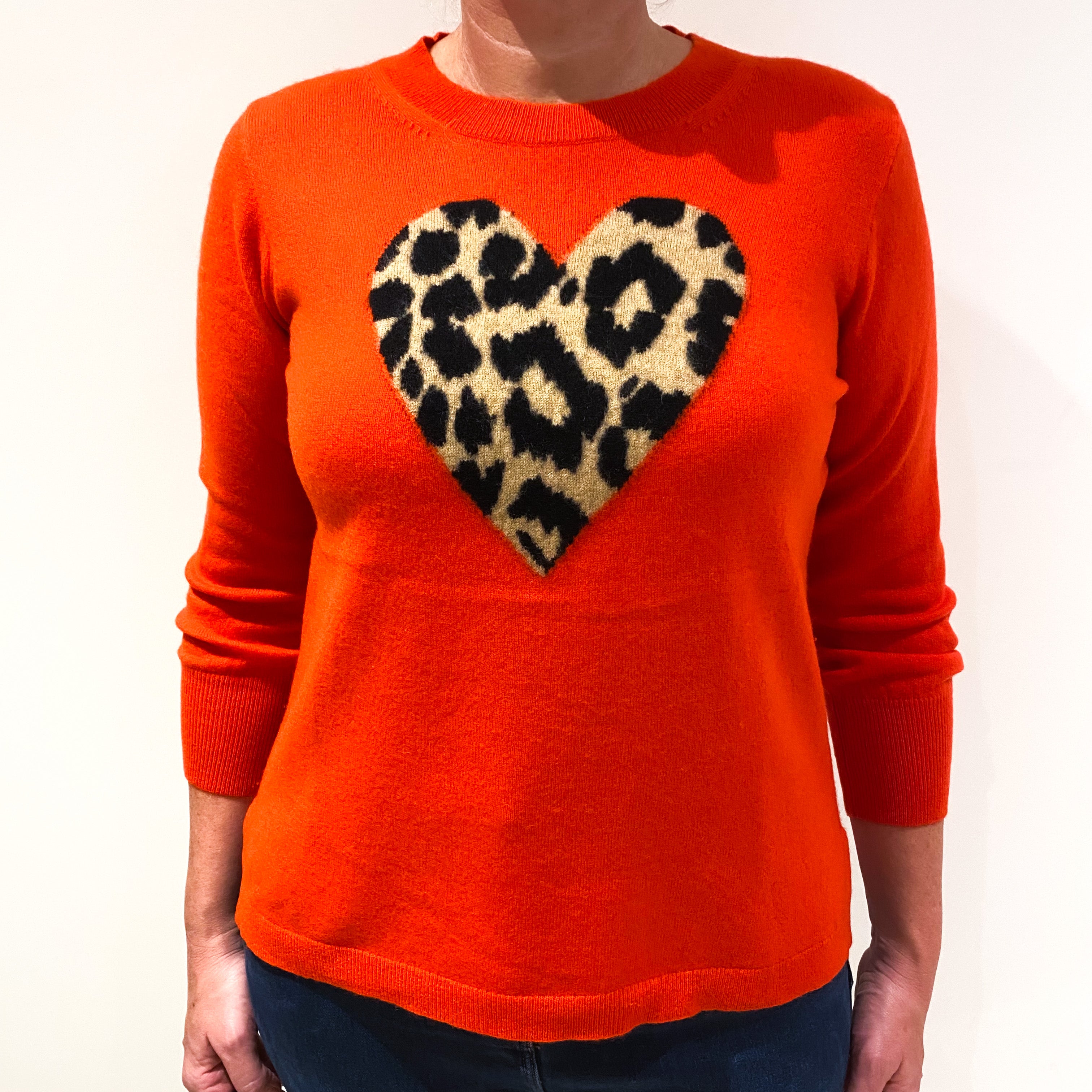 Vermilion Orange Cashmere Crew Neck Jumper with Leopard Print Love Heart Large