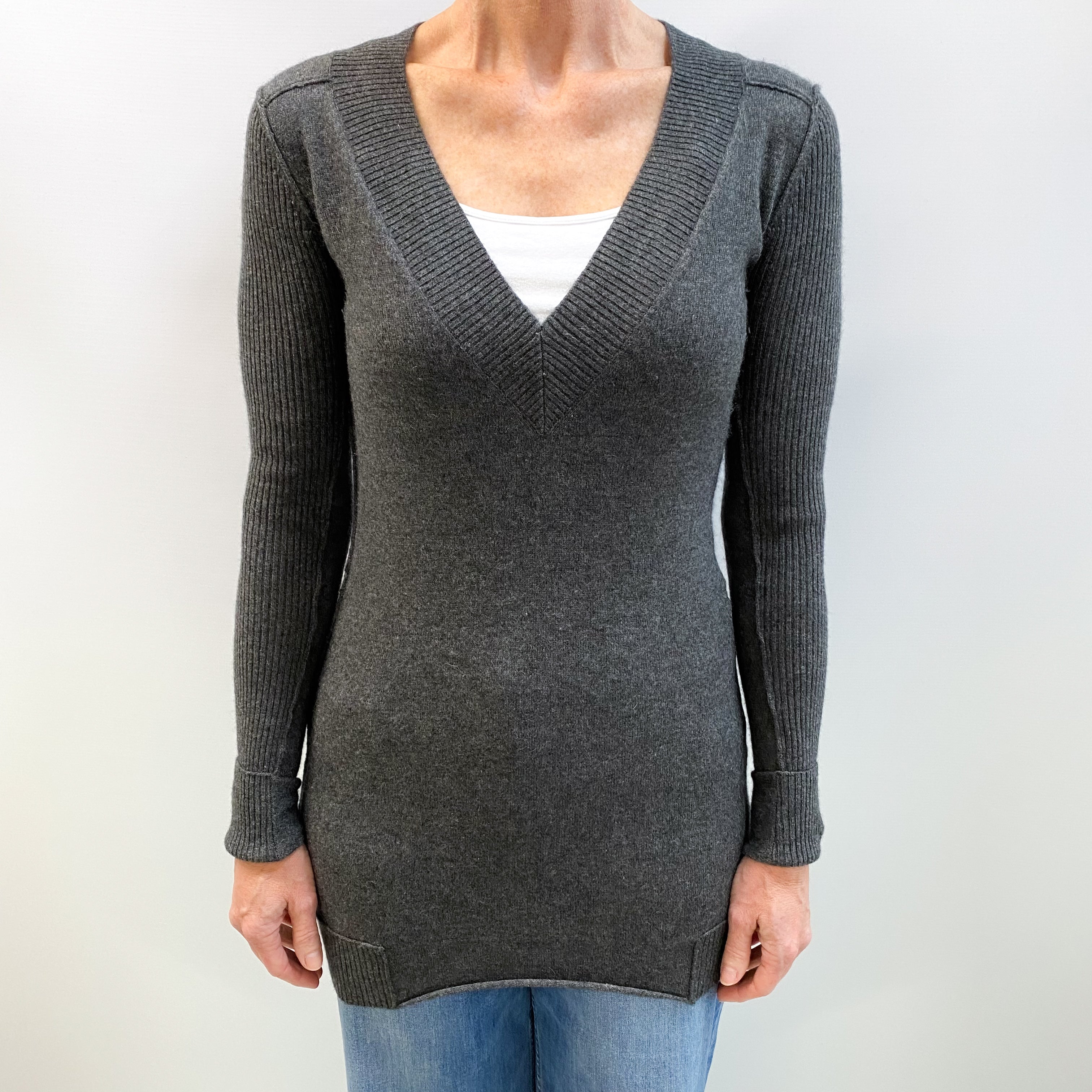 Slate Grey Cashmere V Neck Longline Jumper Small