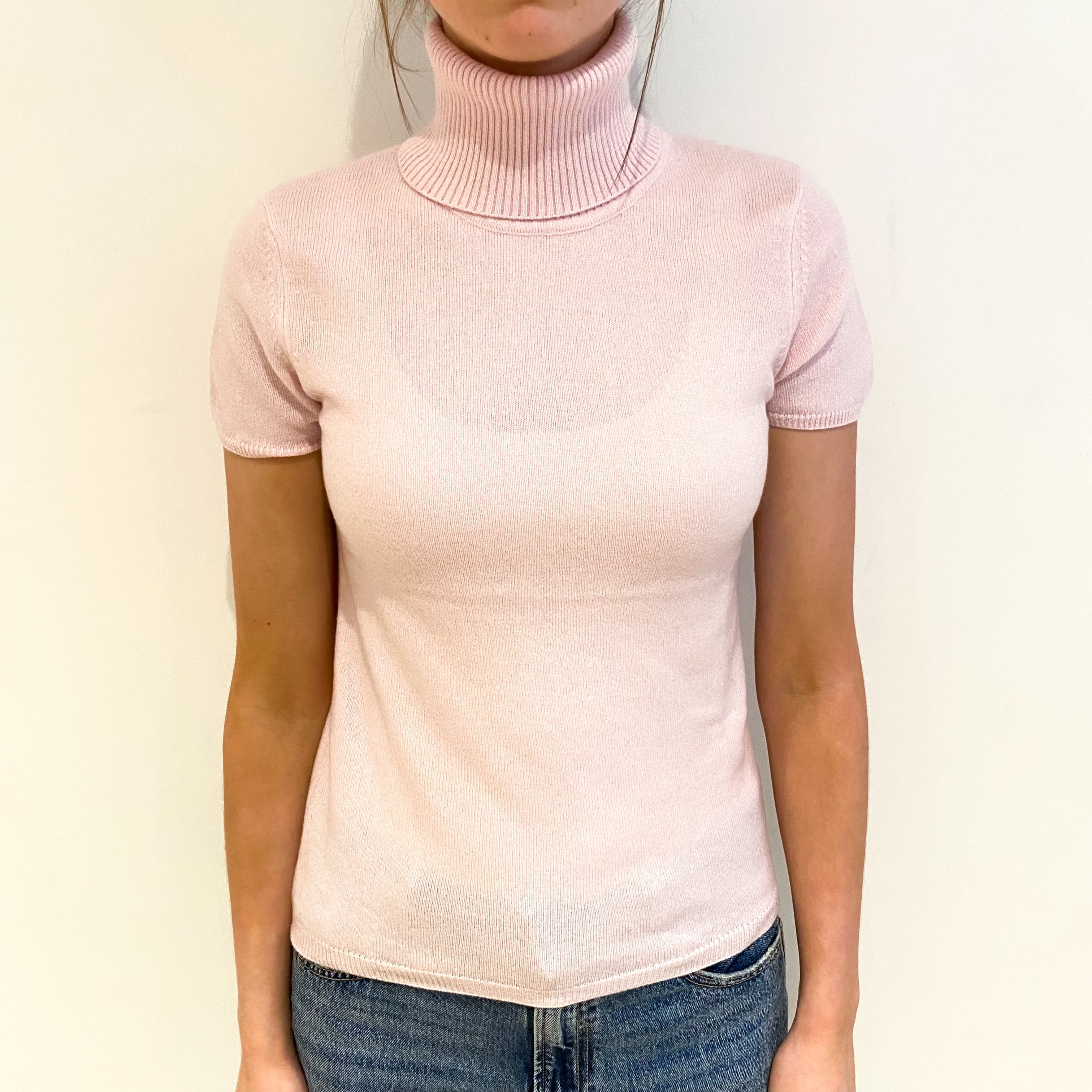 Ice Pink Cashmere Polo Neck Short Sleeved Jumper Extra Small