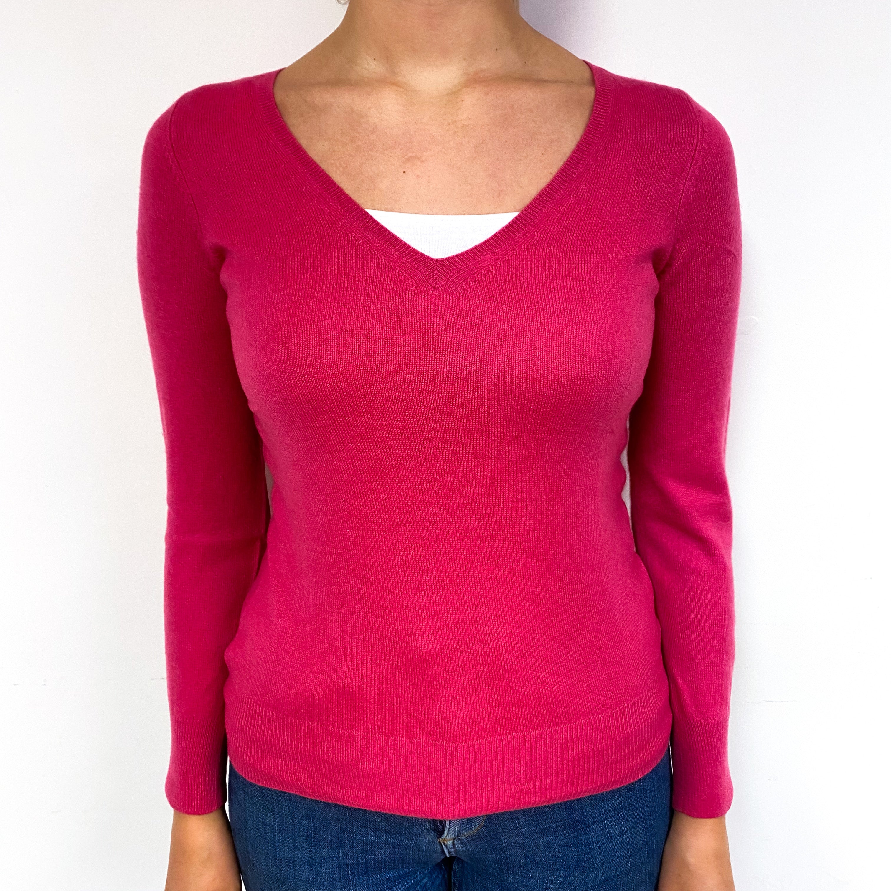 Fuchsia Pink Cashmere V-Neck Jumper Small