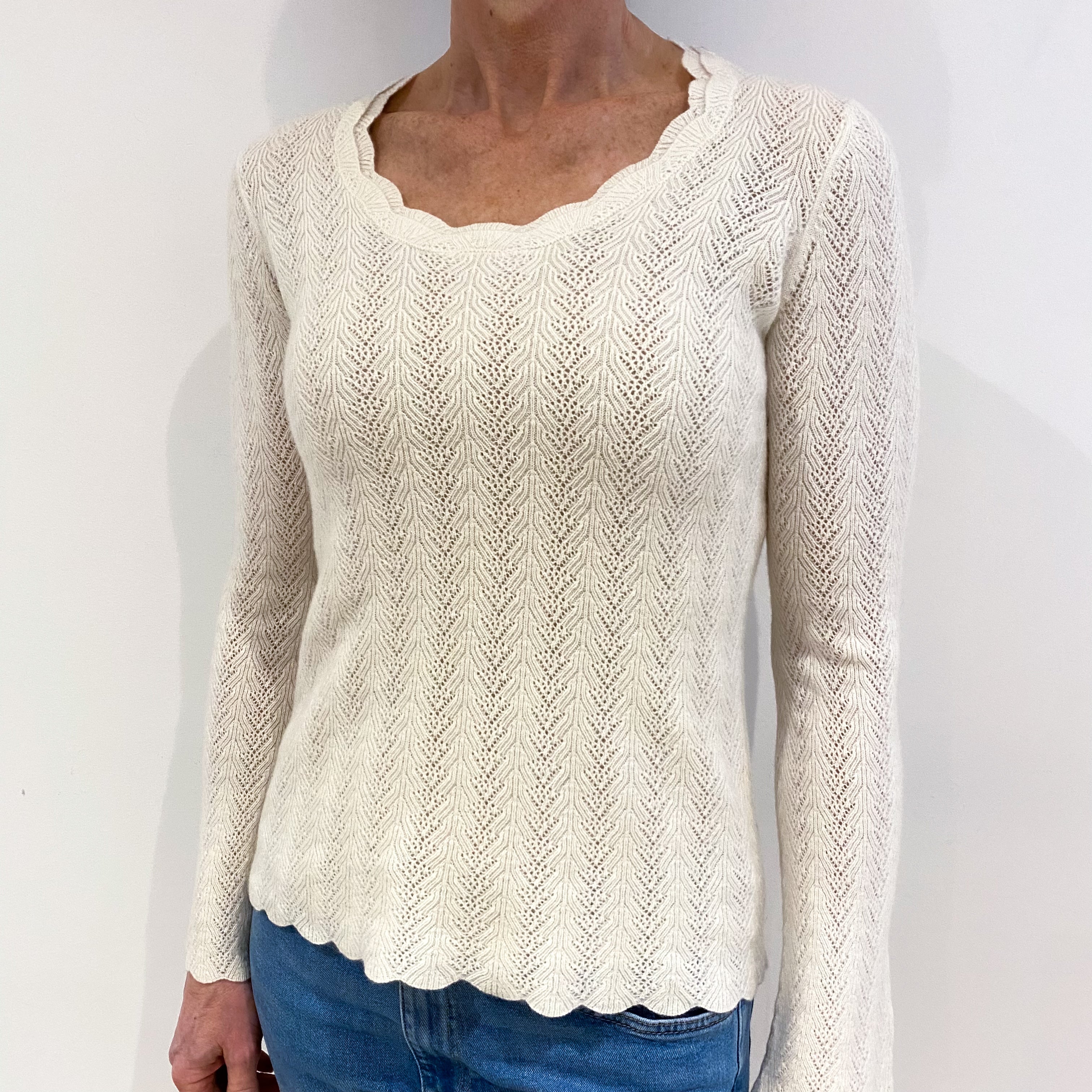 Vanilla Cream Lace Knit Cashmere Scoop Neck Jumper Small