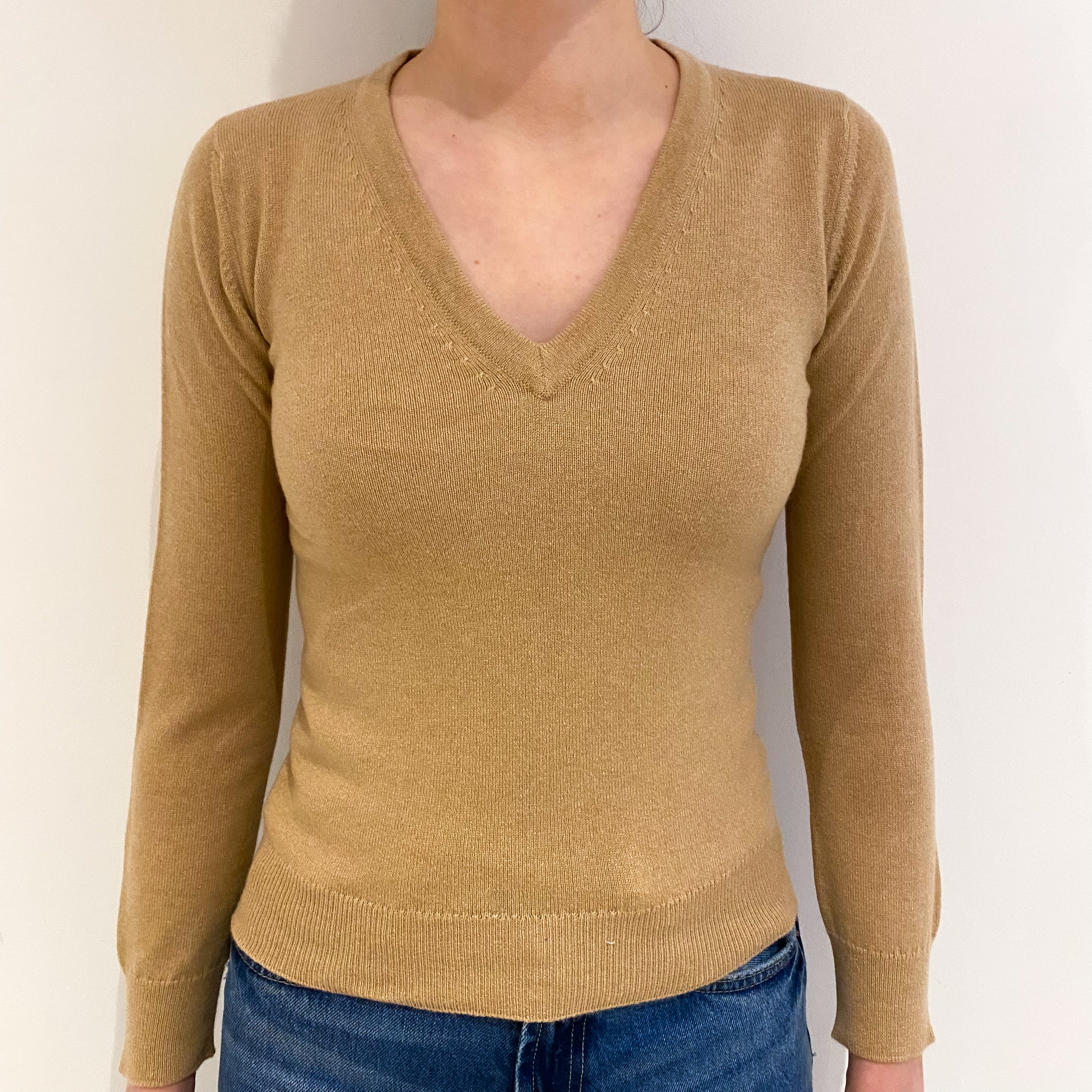 New Scottish Camel Brown Cashmere V Neck Jumper Extra Extra Small