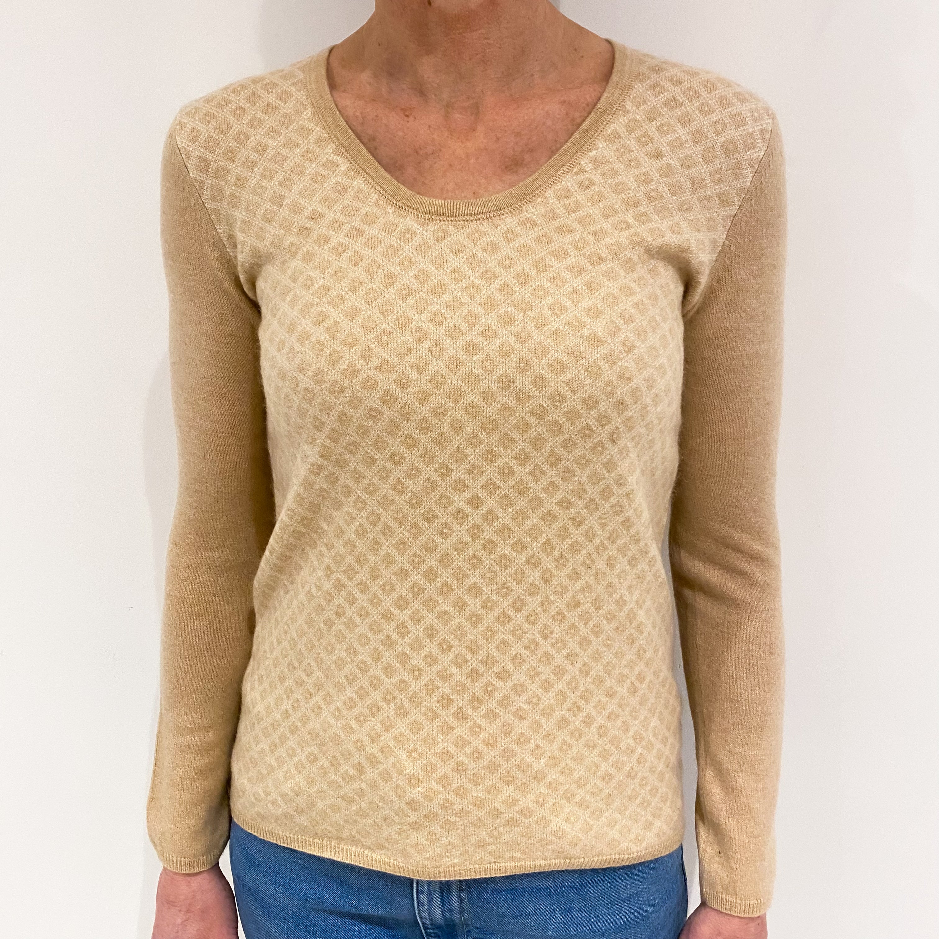 Cream and Sand Brown Cashmere Deep Crew Neck Jumper Small