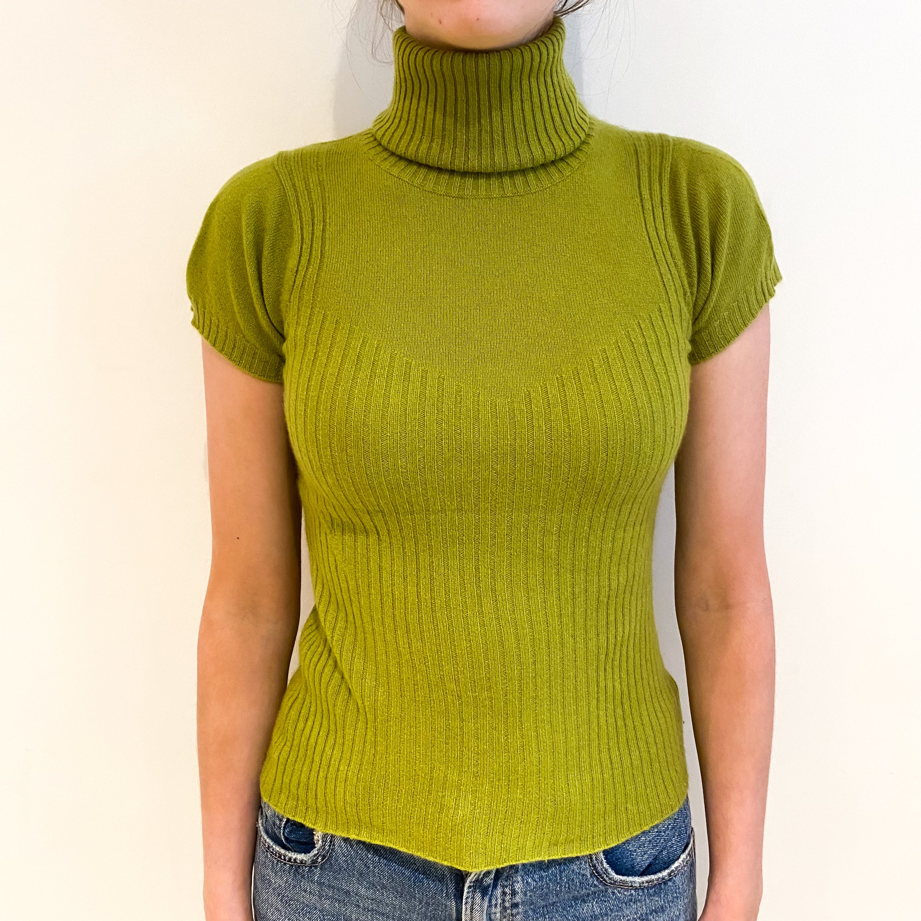 Chartreuse Green Cashmere Polo Neck Short Sleeved Jumper Extra Small