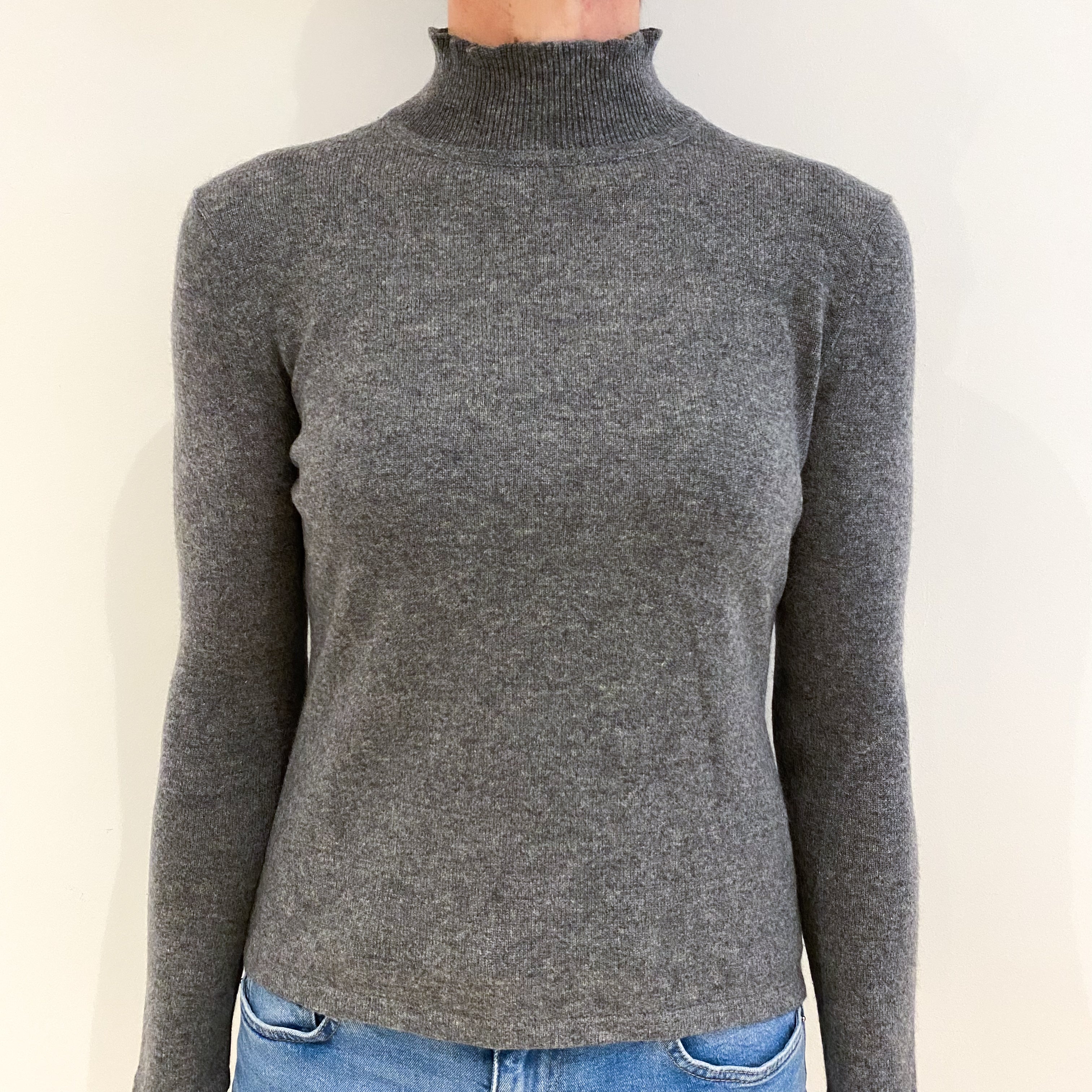 Slate Grey Cashmere Frill Detail Polo Neck Jumper with Back Button Fastening Small