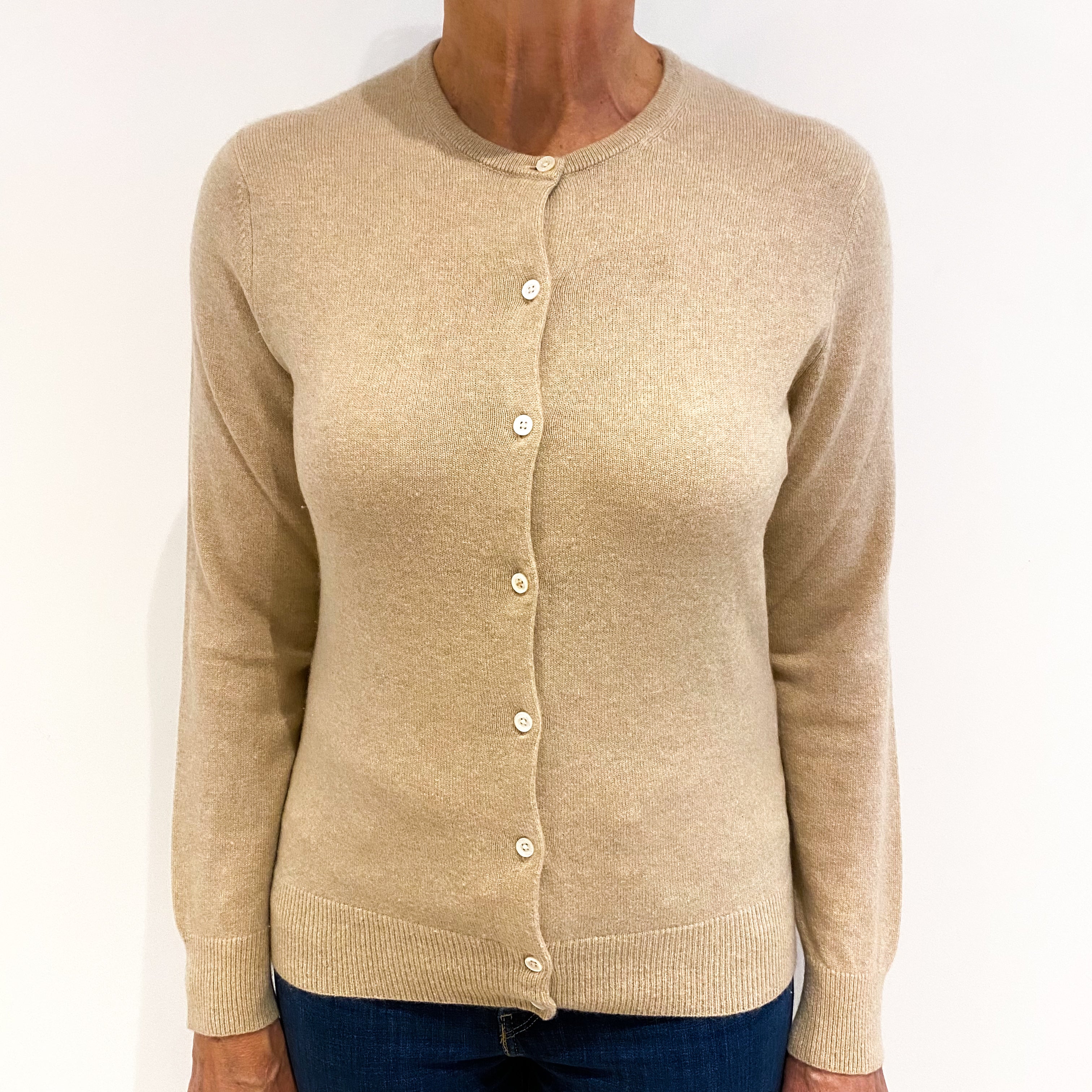 Warm Beige Cashmere Crew Neck Cardigan Medium