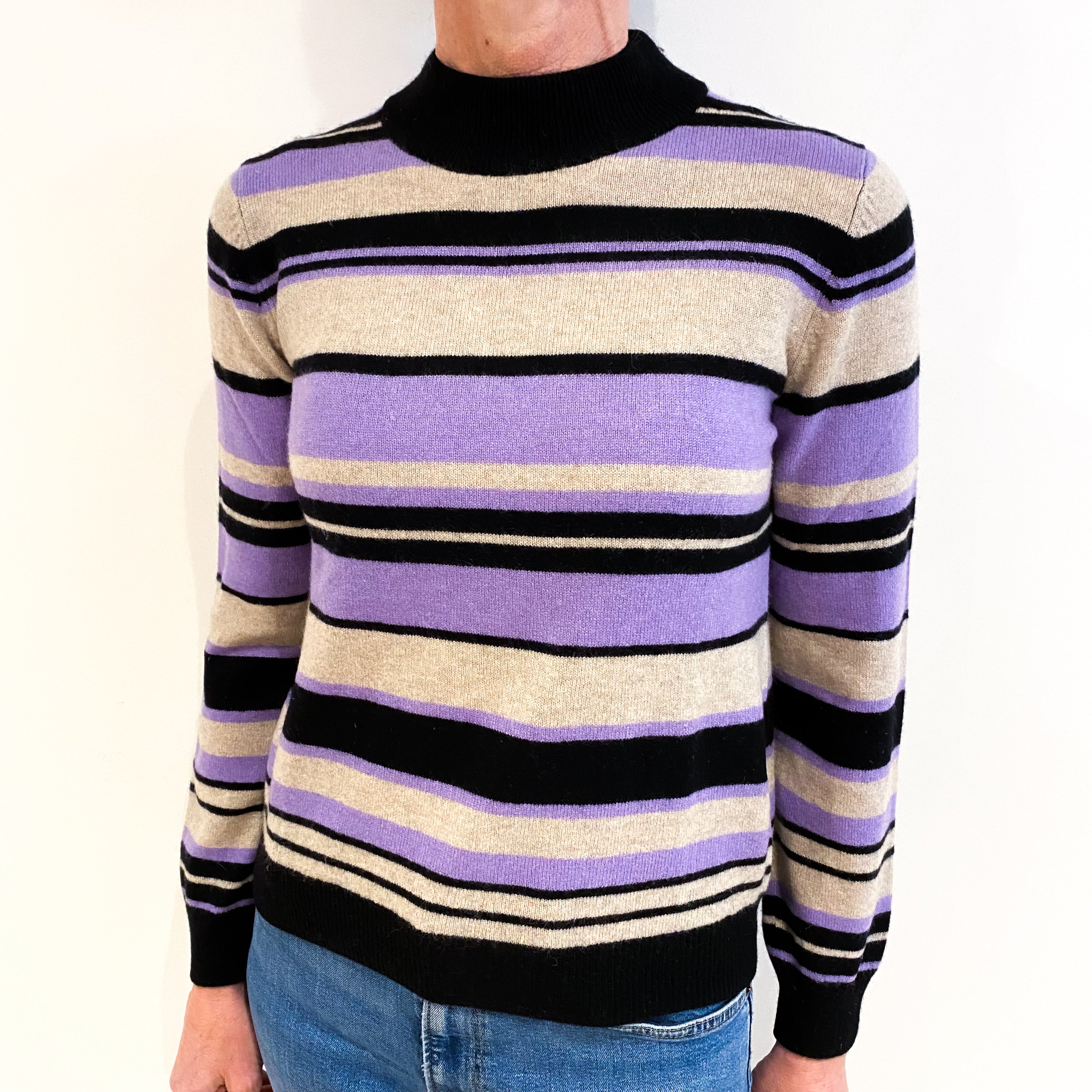 Black With Purple And Grey Stripe Cashmere Turtle Neck Jumper Small