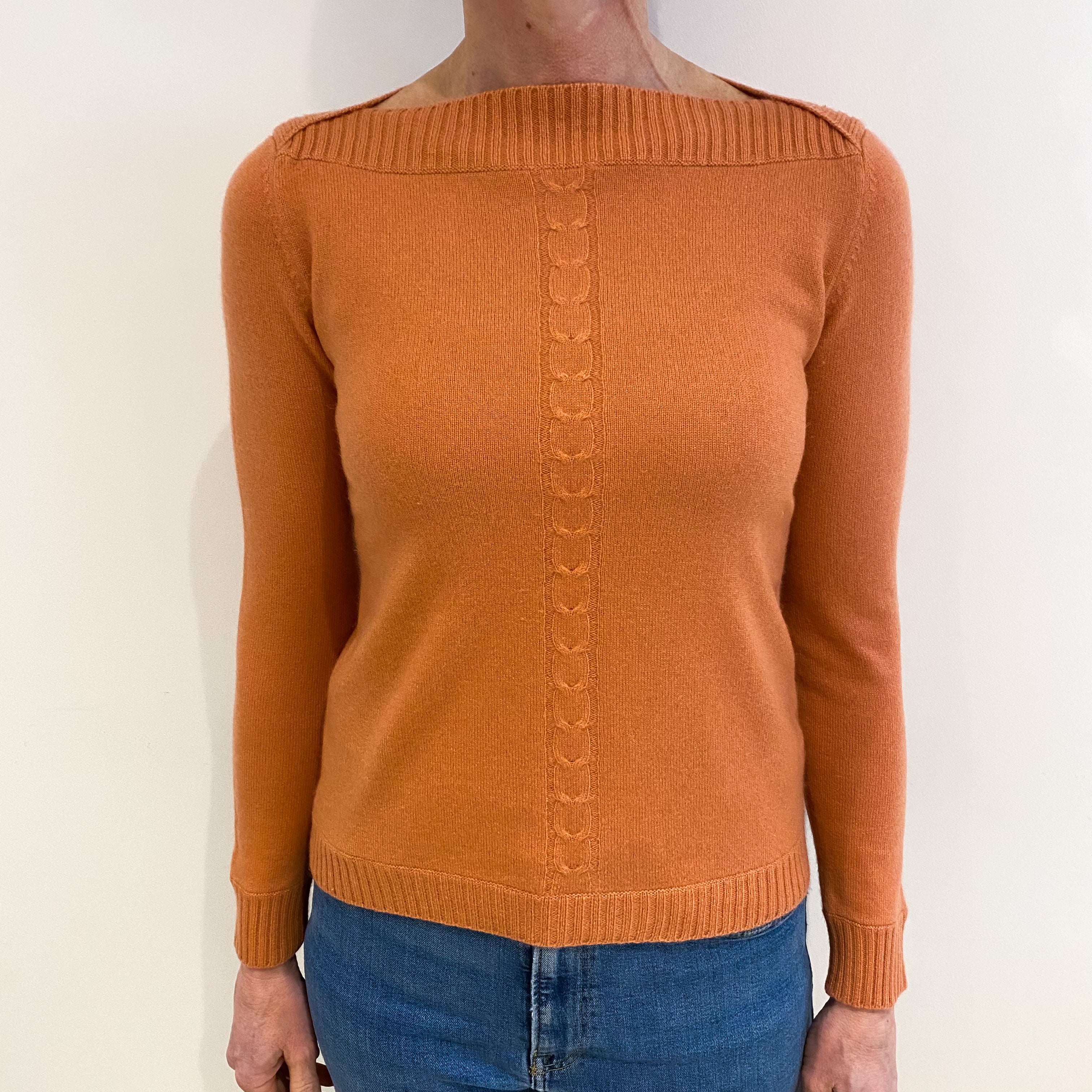 Terracotta Pink Cable Detail Cashmere Boat Neck Jumper Small