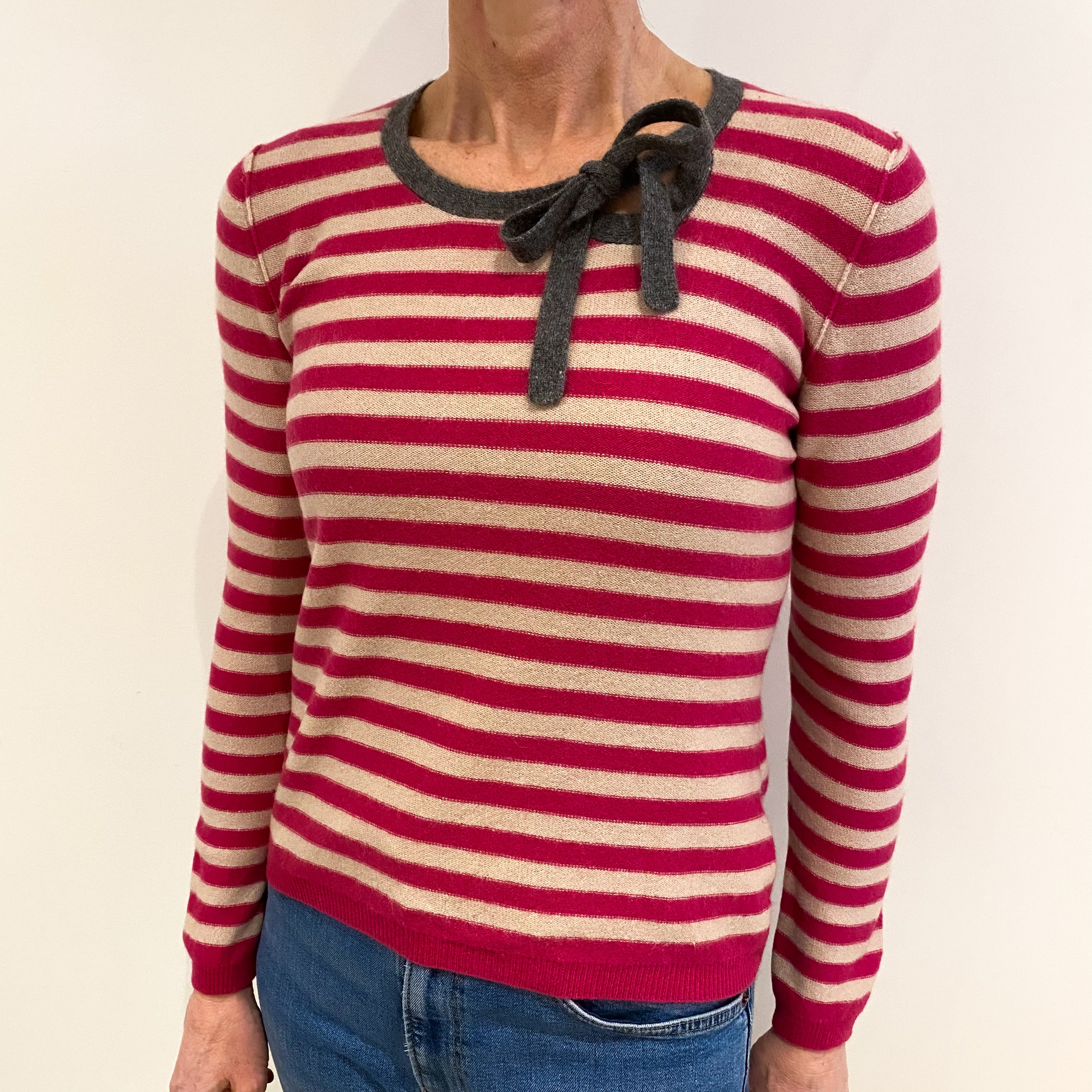 Fuchsia and Beige Stripe Cashmere Crew Neck Jumper Small